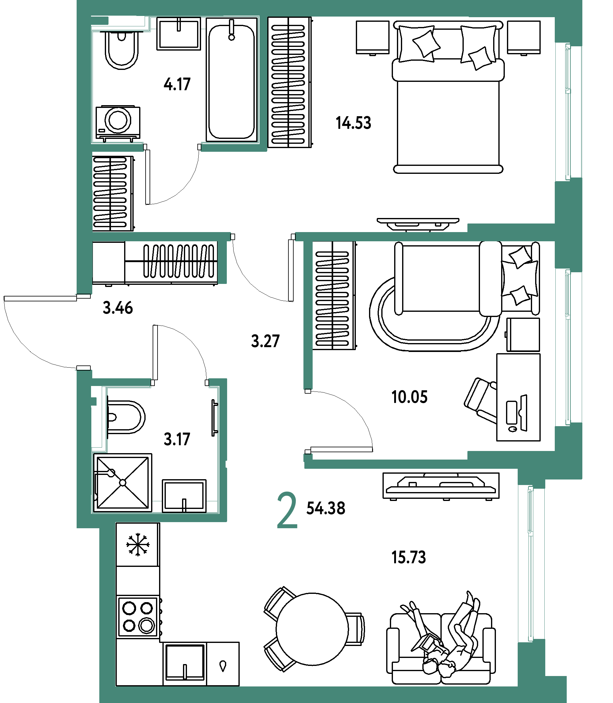 ЖК "Сердце Сибири"-2-комнатная 54.38 м²