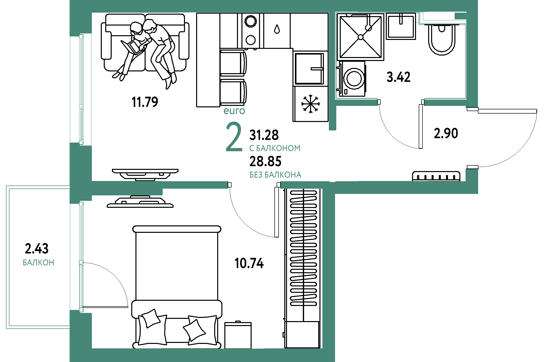 ЖК "Сердце Сибири"-2-комнатная 31.28 м²