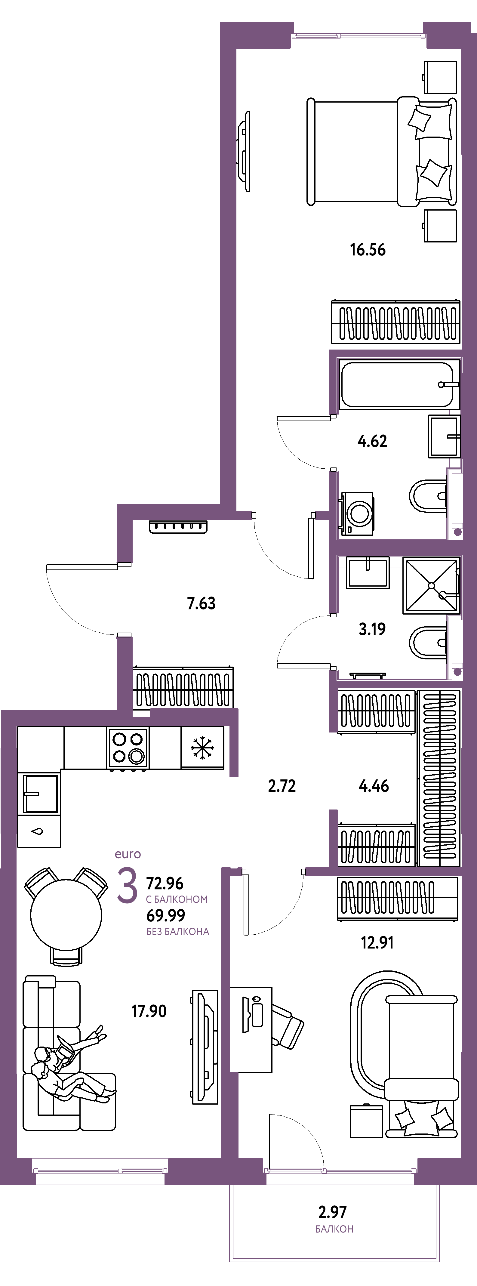 ЖК "Сердце Сибири"-3-комнатная 72.96 м²