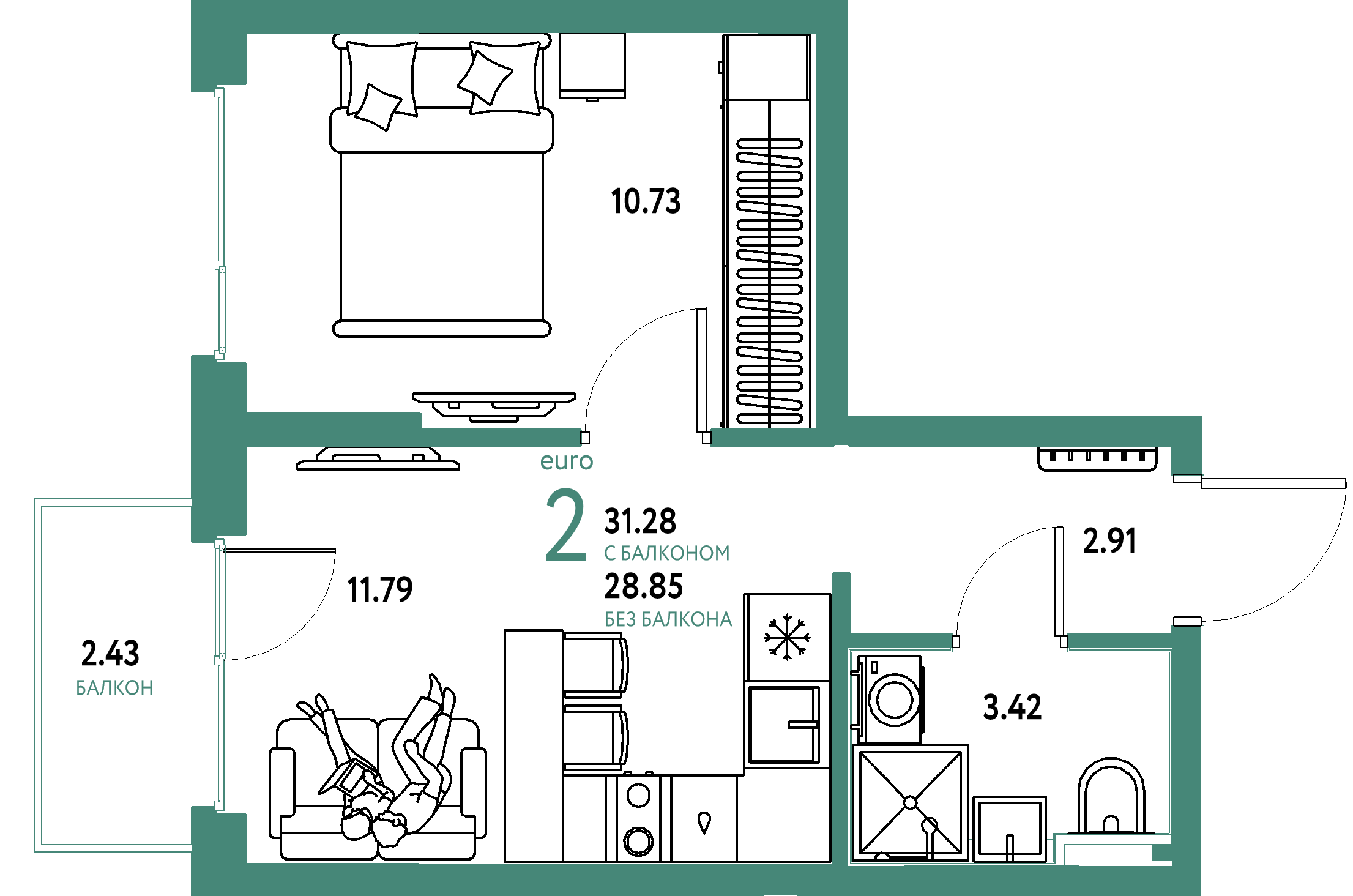 ЖК "Сердце Сибири"-2-комнатная 31.28 м²