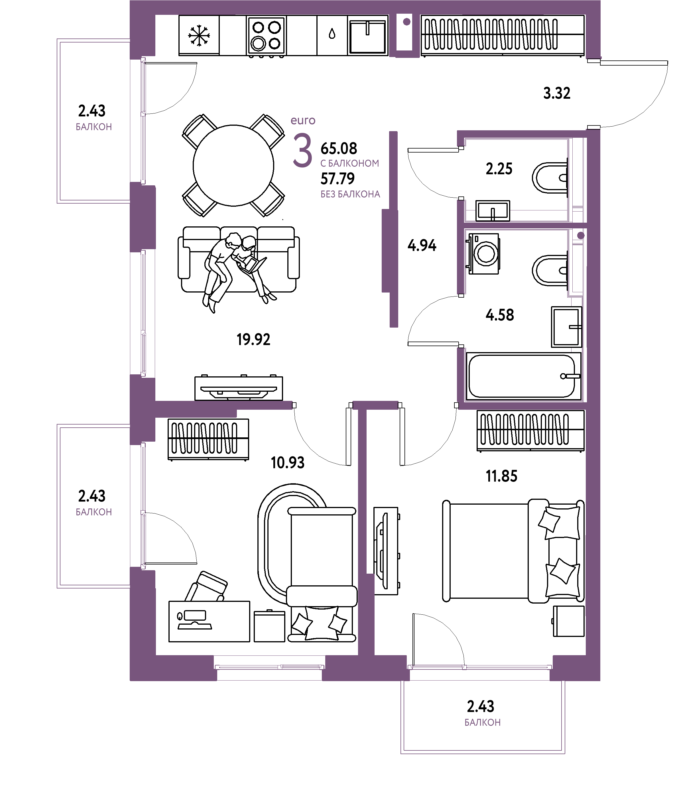 ЖК "Сердце Сибири"-3-комнатная 65.08 м²
