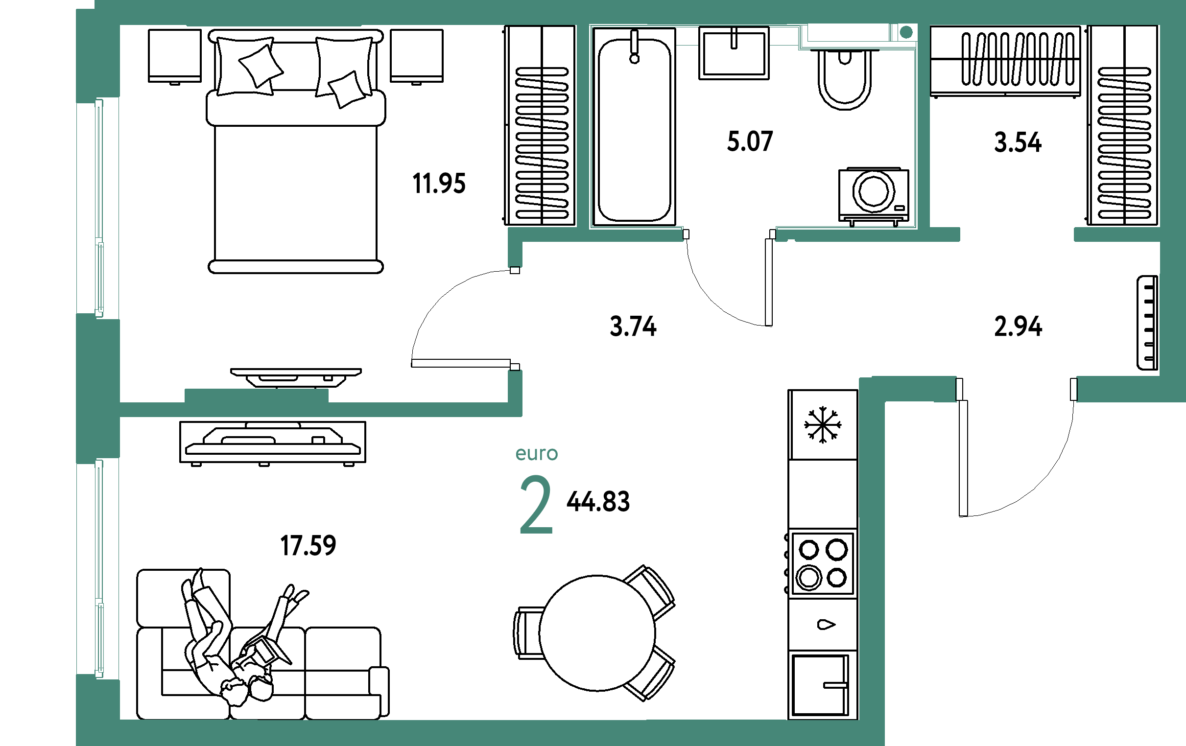 ЖК "Сердце Сибири"-2-комнатная 44.83 м²