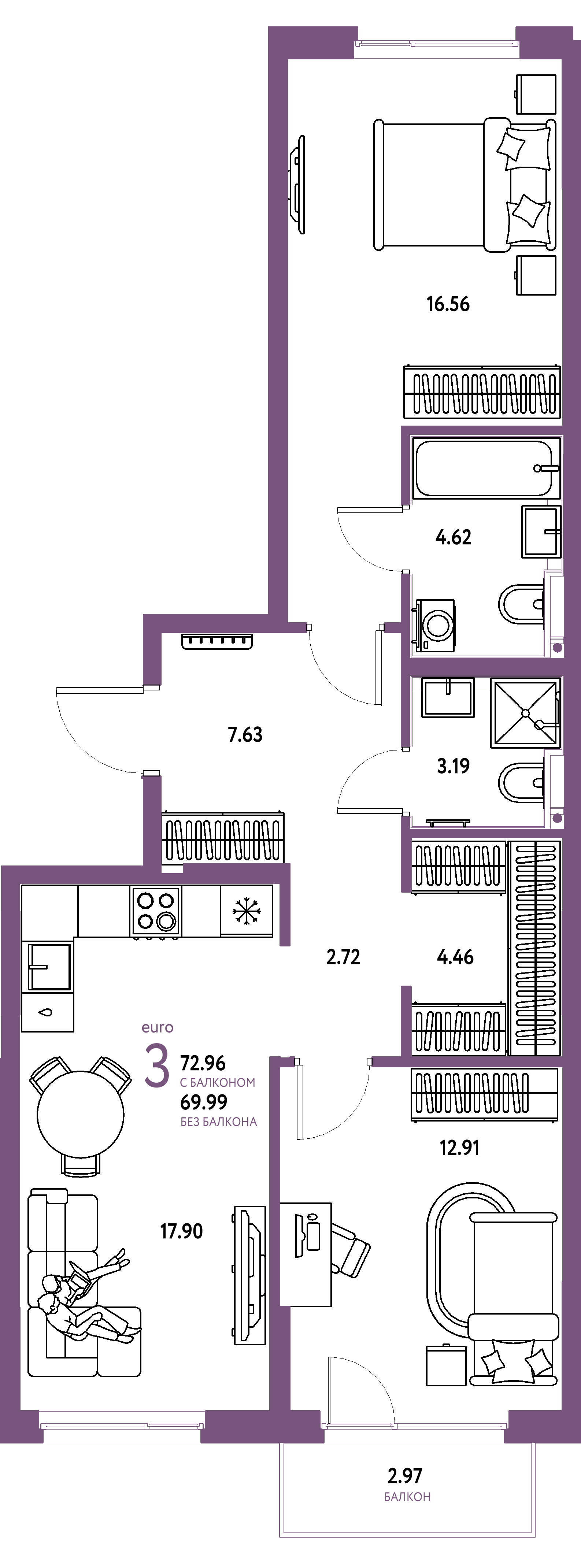 ЖК "Сердце Сибири"-3-комнатная 72.96 м²