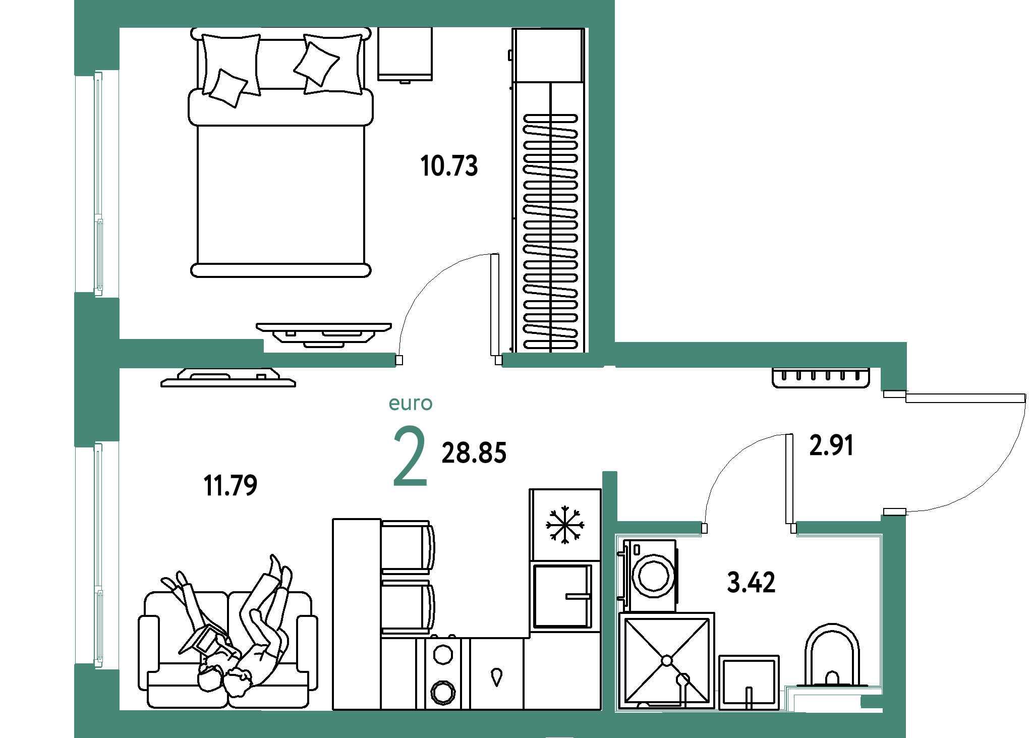 ЖК "Сердце Сибири"-2-комнатная 28.85 м²