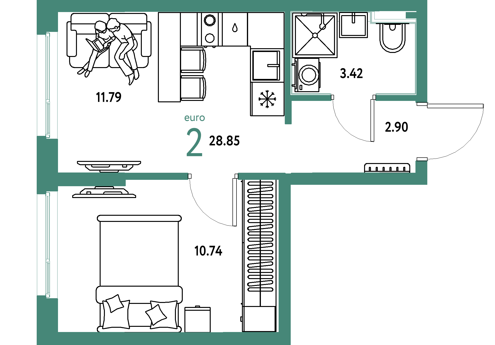 ЖК "Сердце Сибири"-2-комнатная 28.85 м²