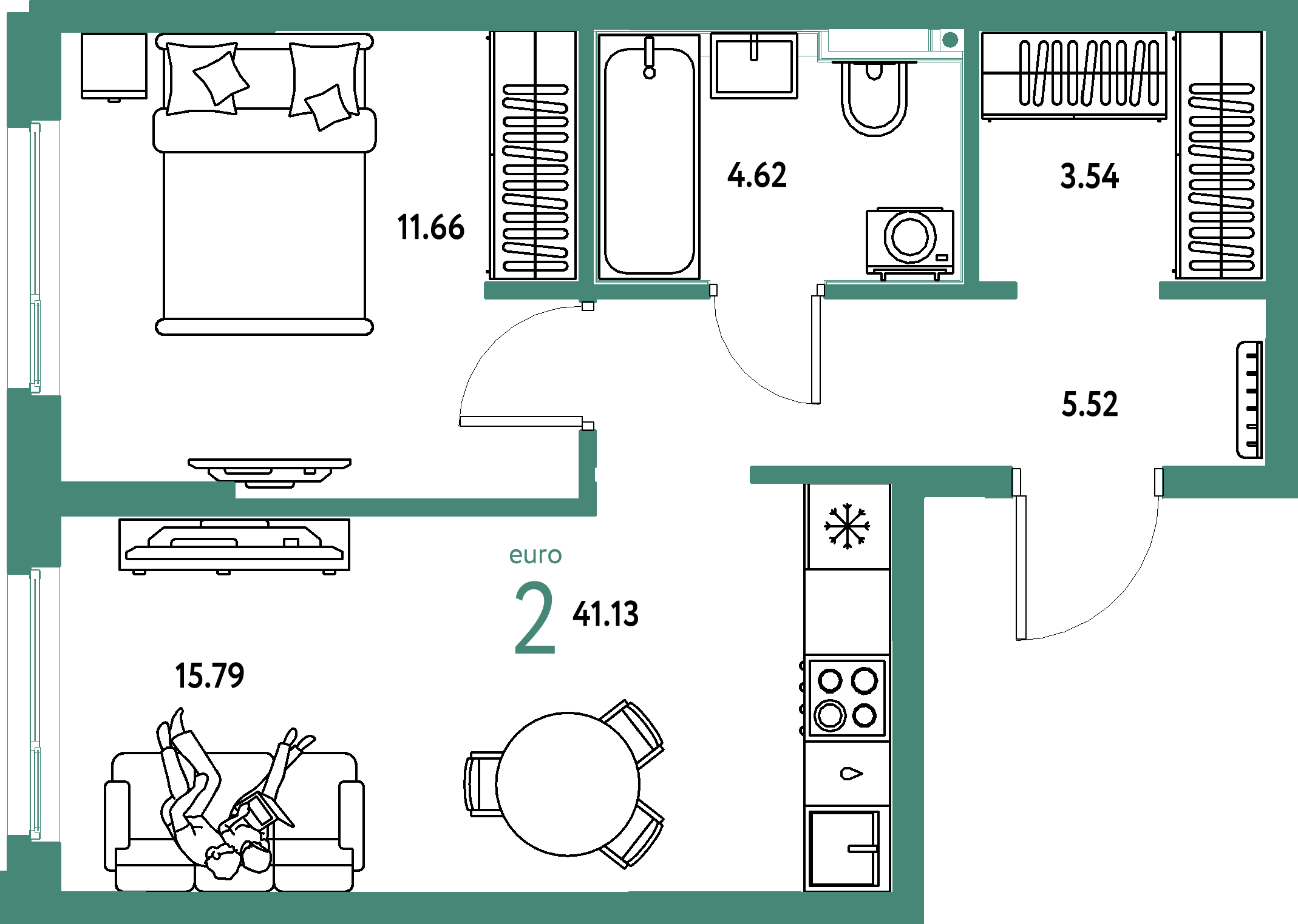 ЖК "Сердце Сибири"-2-комнатная 41.13 м²