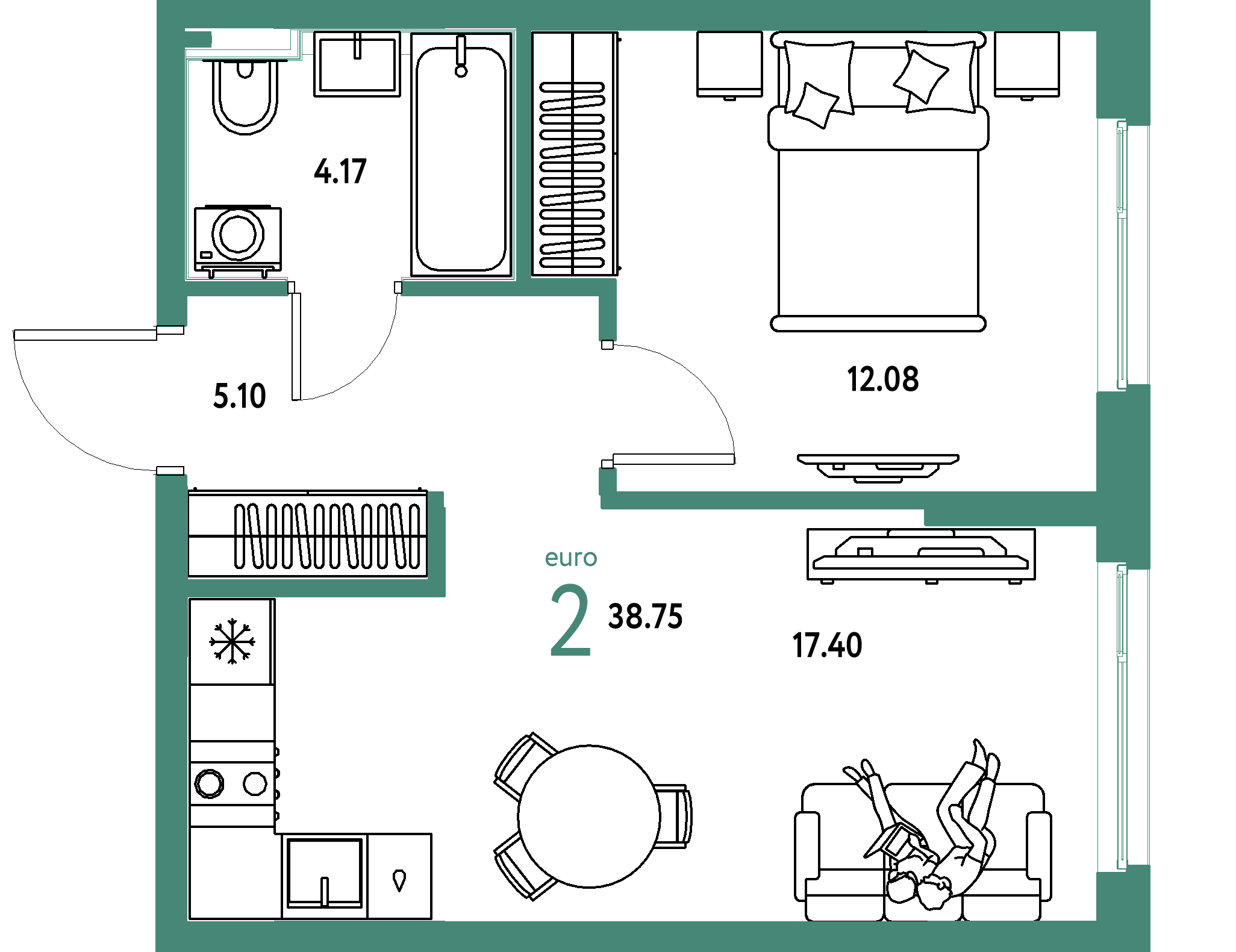 ЖК "Сердце Сибири"-2-комнатная 38.75 м²