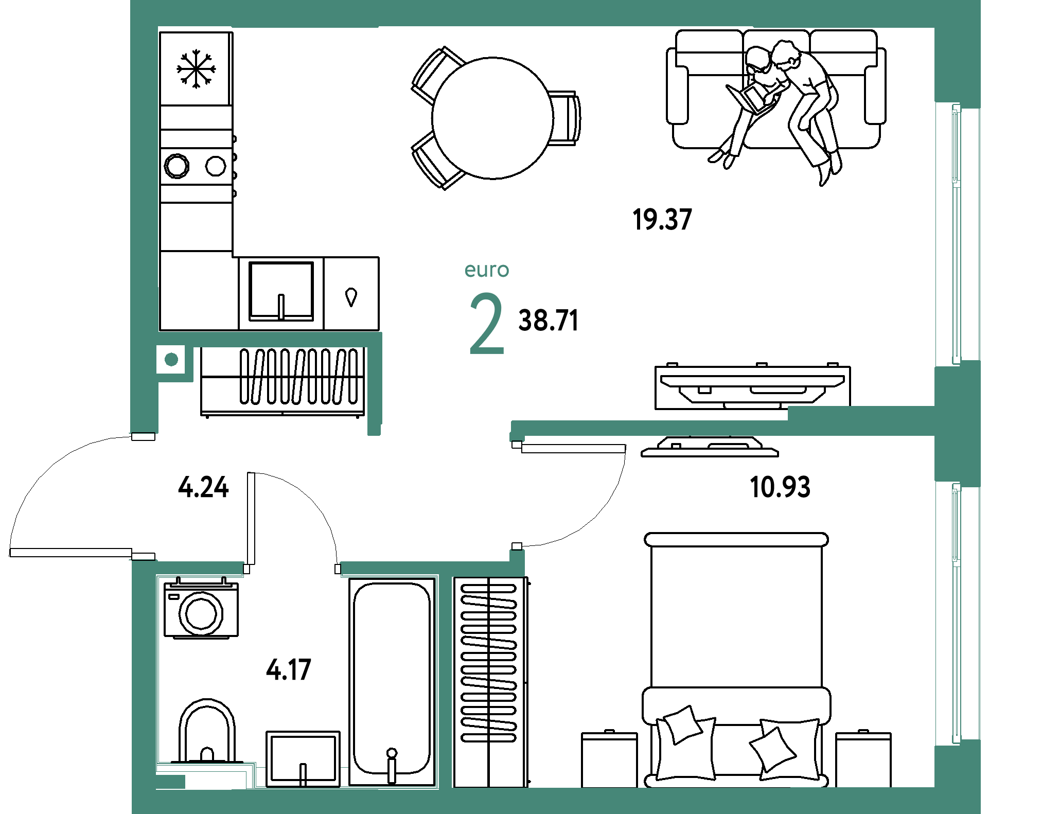 ЖК "Сердце Сибири"-2-комнатная 38.71 м²