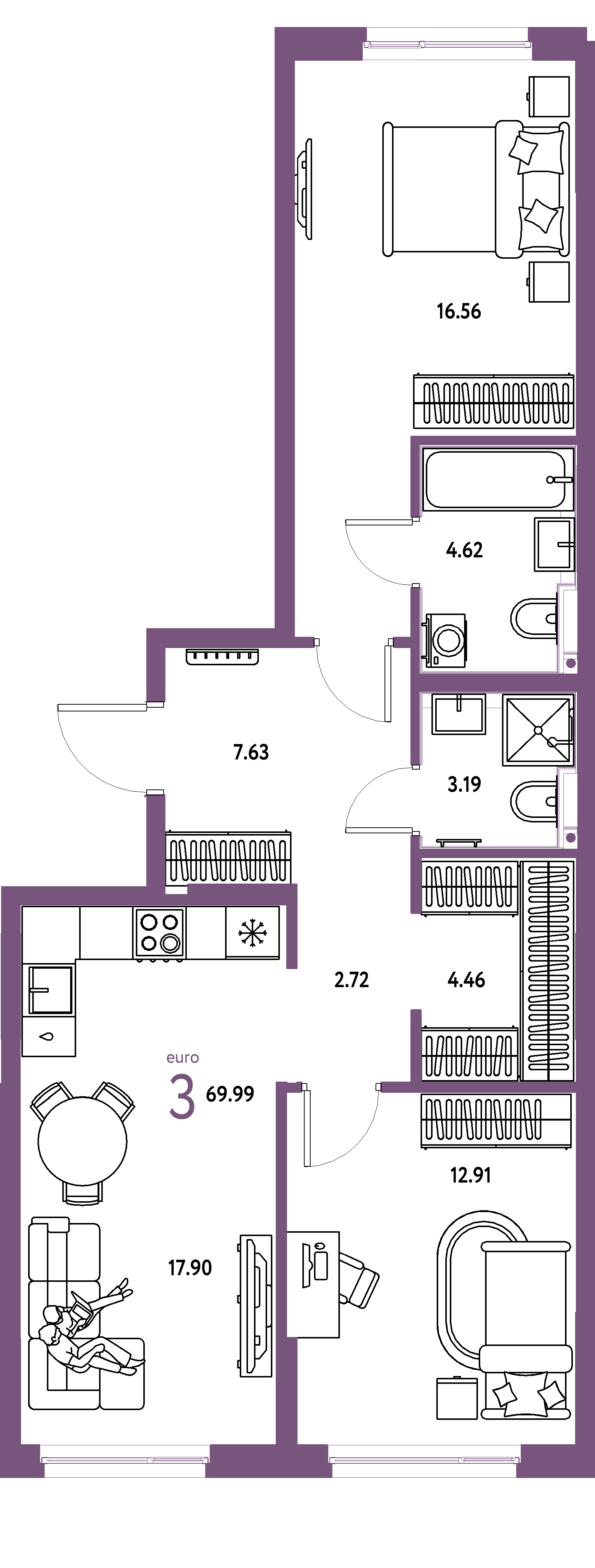 ЖК "Сердце Сибири"-3-комнатная 69.99 м²