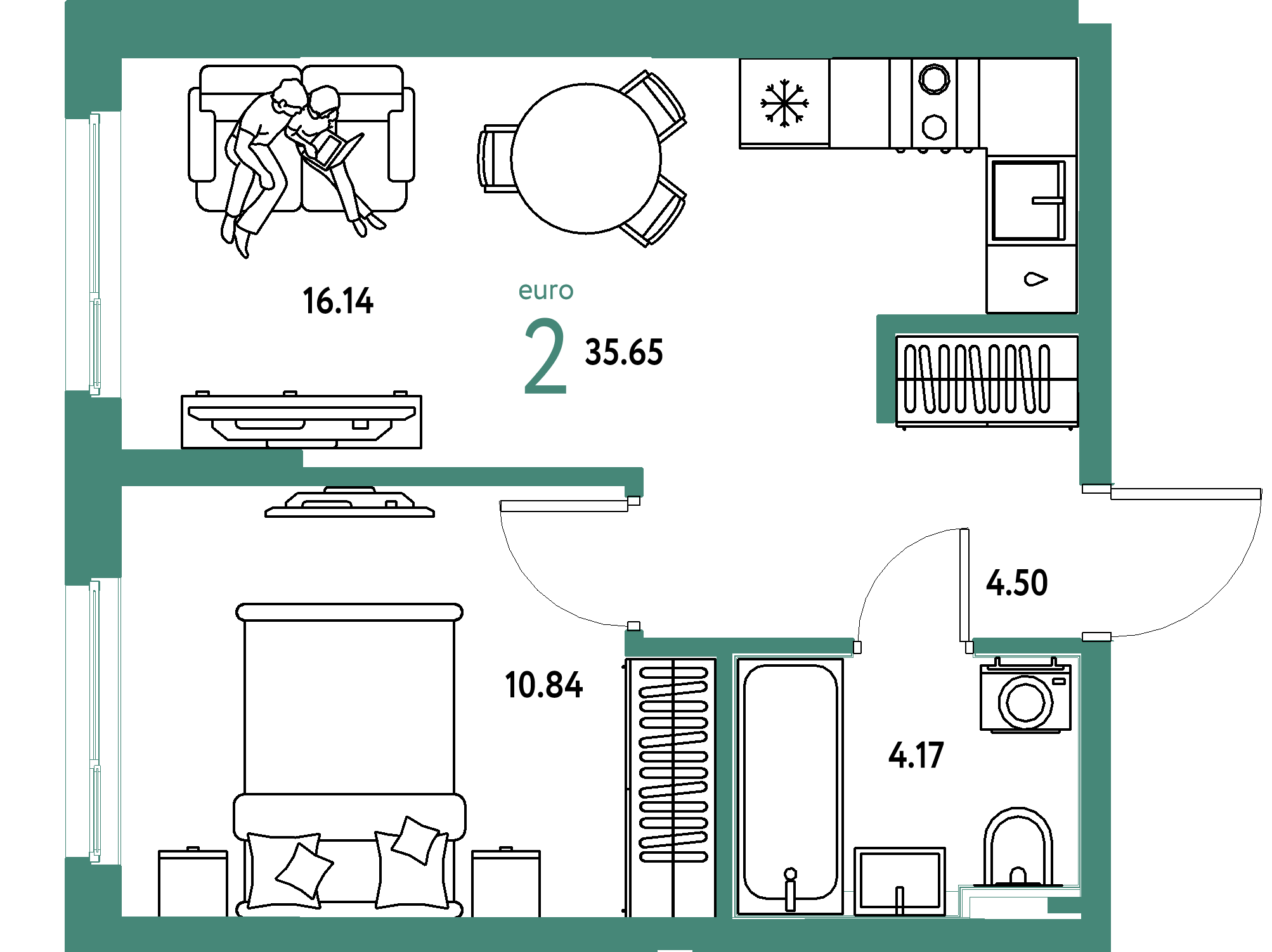 ЖК "Сердце Сибири"-2-комнатная 35.65 м²
