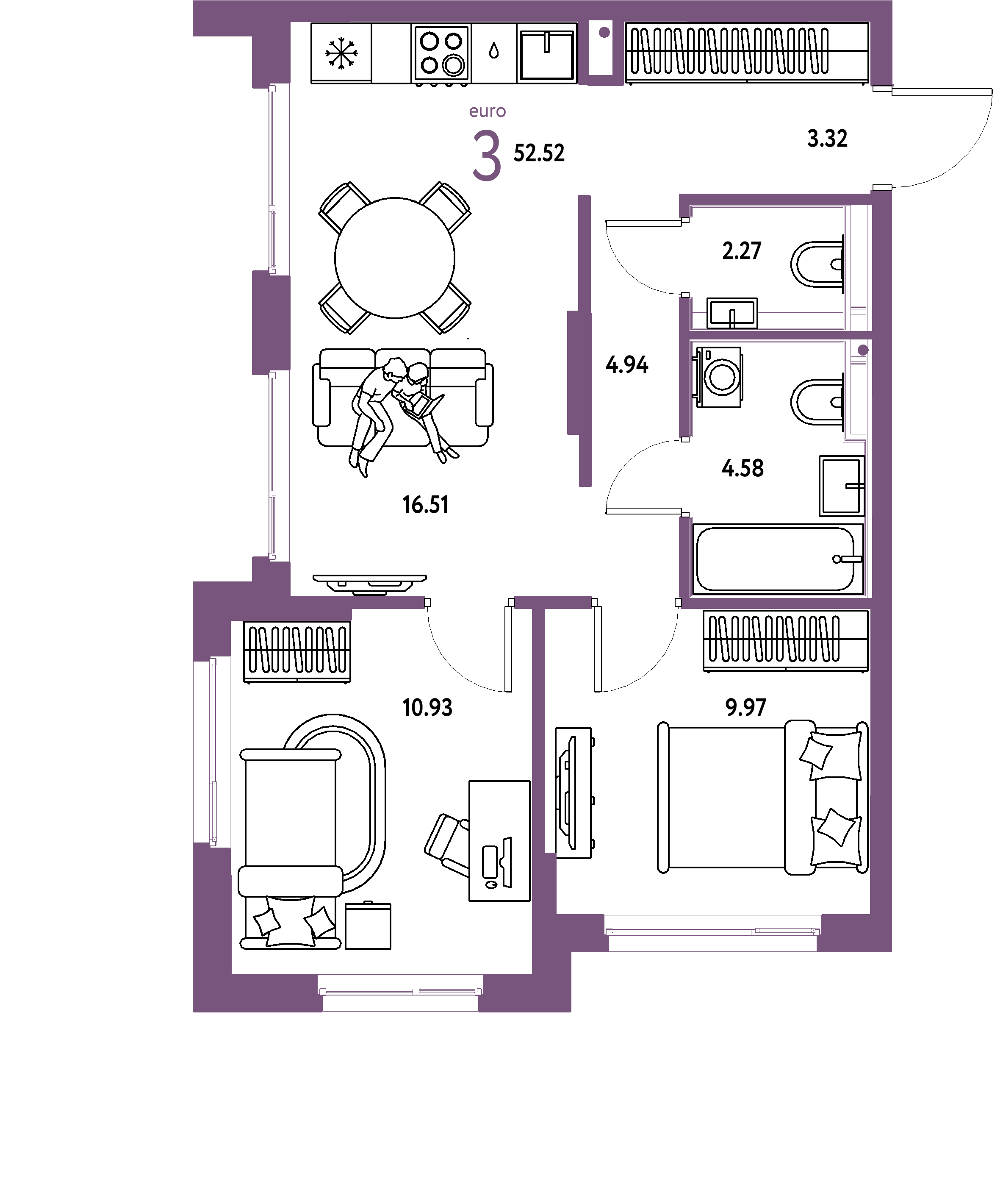 ЖК "Сердце Сибири"-3-комнатная 52.52 м²