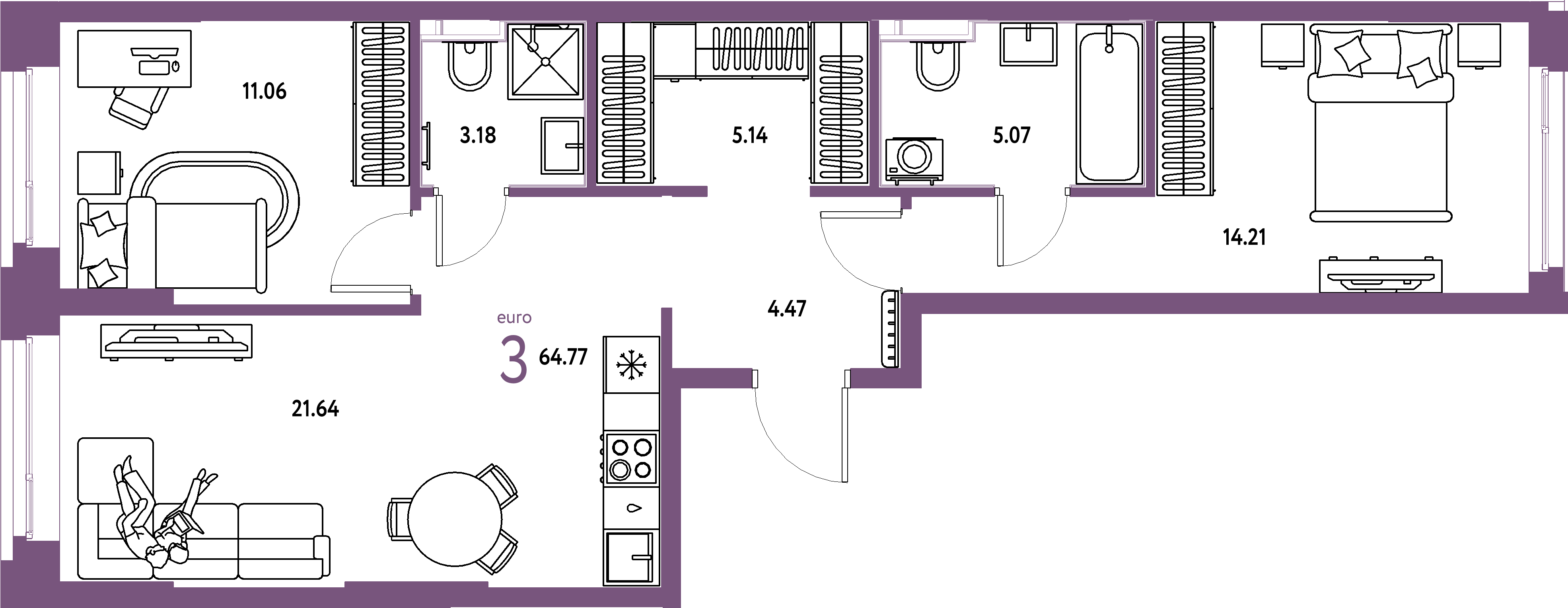 ЖК "Сердце Сибири"-3-комнатная 64.77 м²
