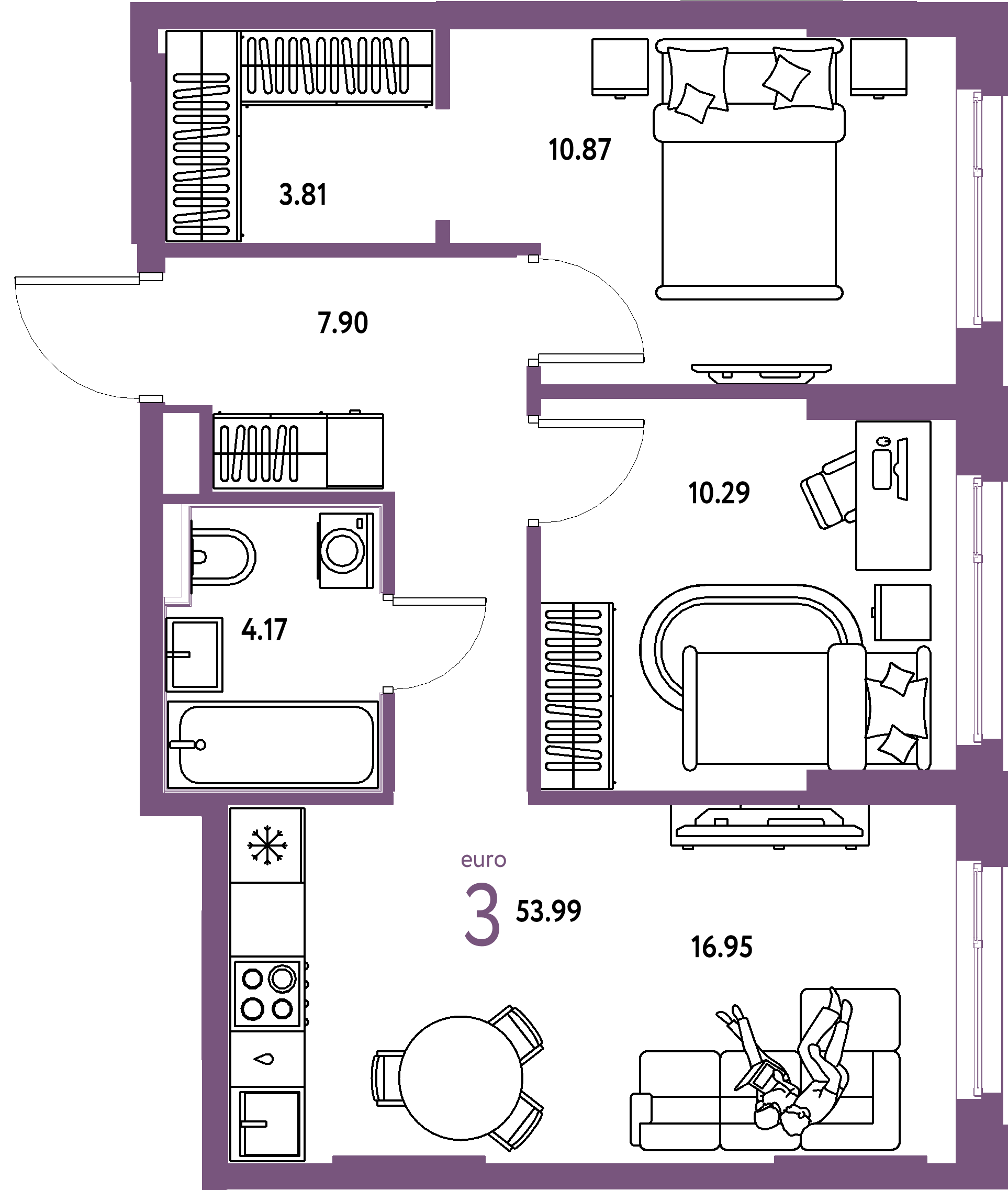 ЖК "Сердце Сибири"-3-комнатная 53.99 м²