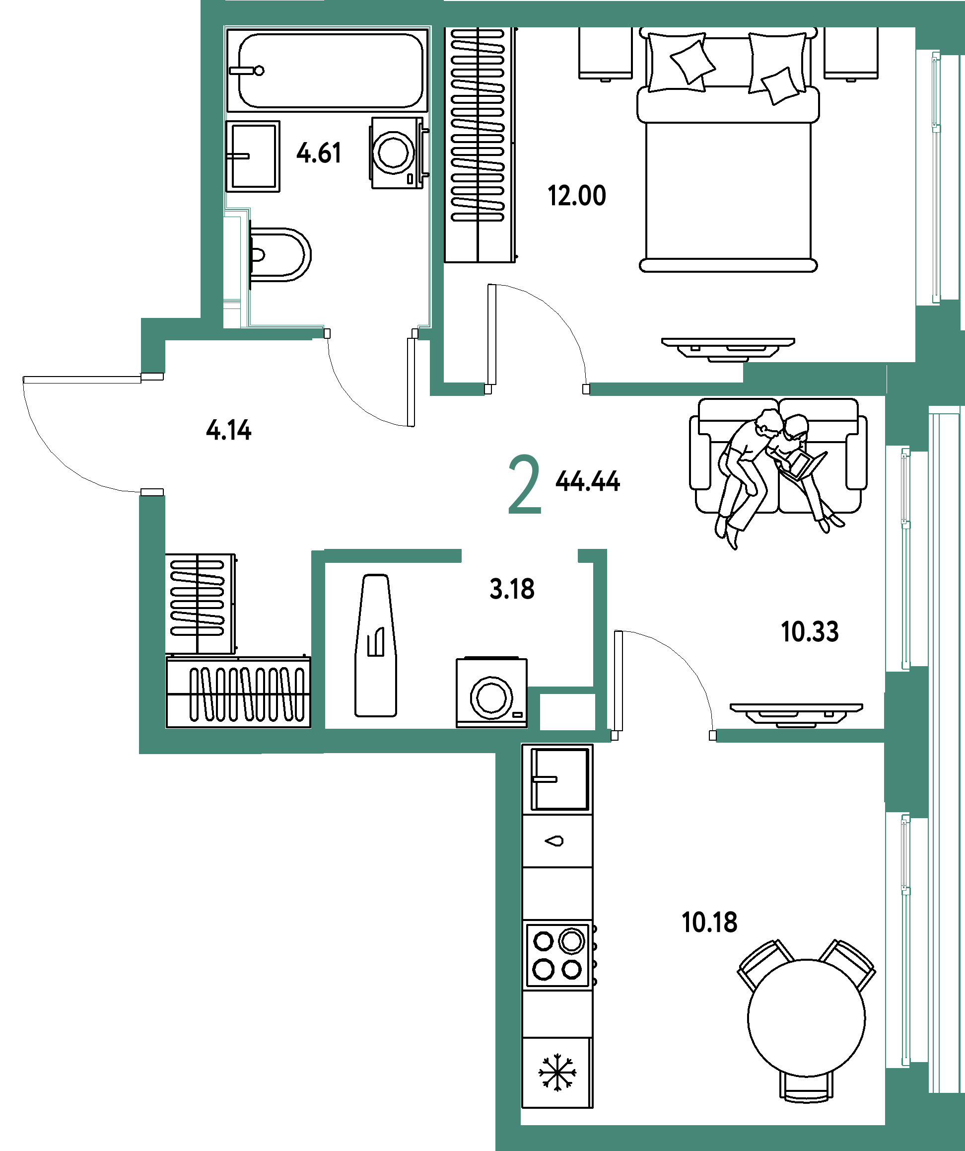ЖК "Сердце Сибири"-2-комнатная 44.44 м²