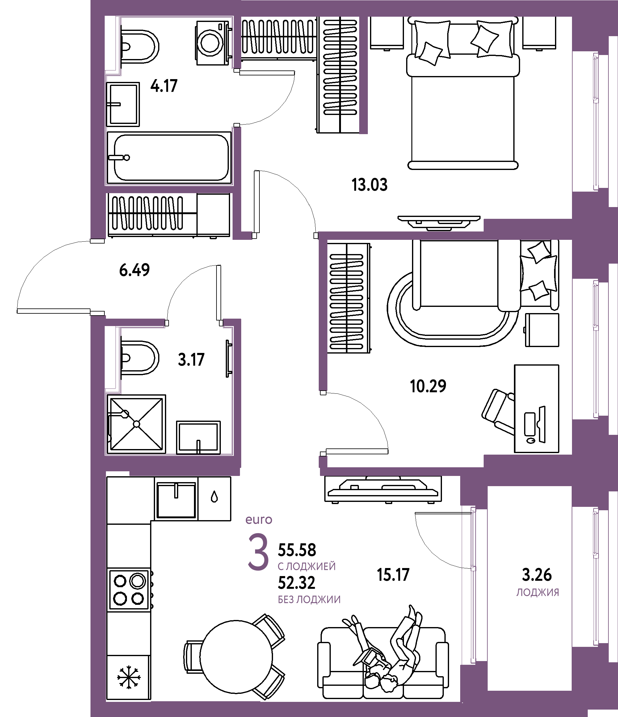 ЖК "Сердце Сибири"-3-комнатная 55.58 м²