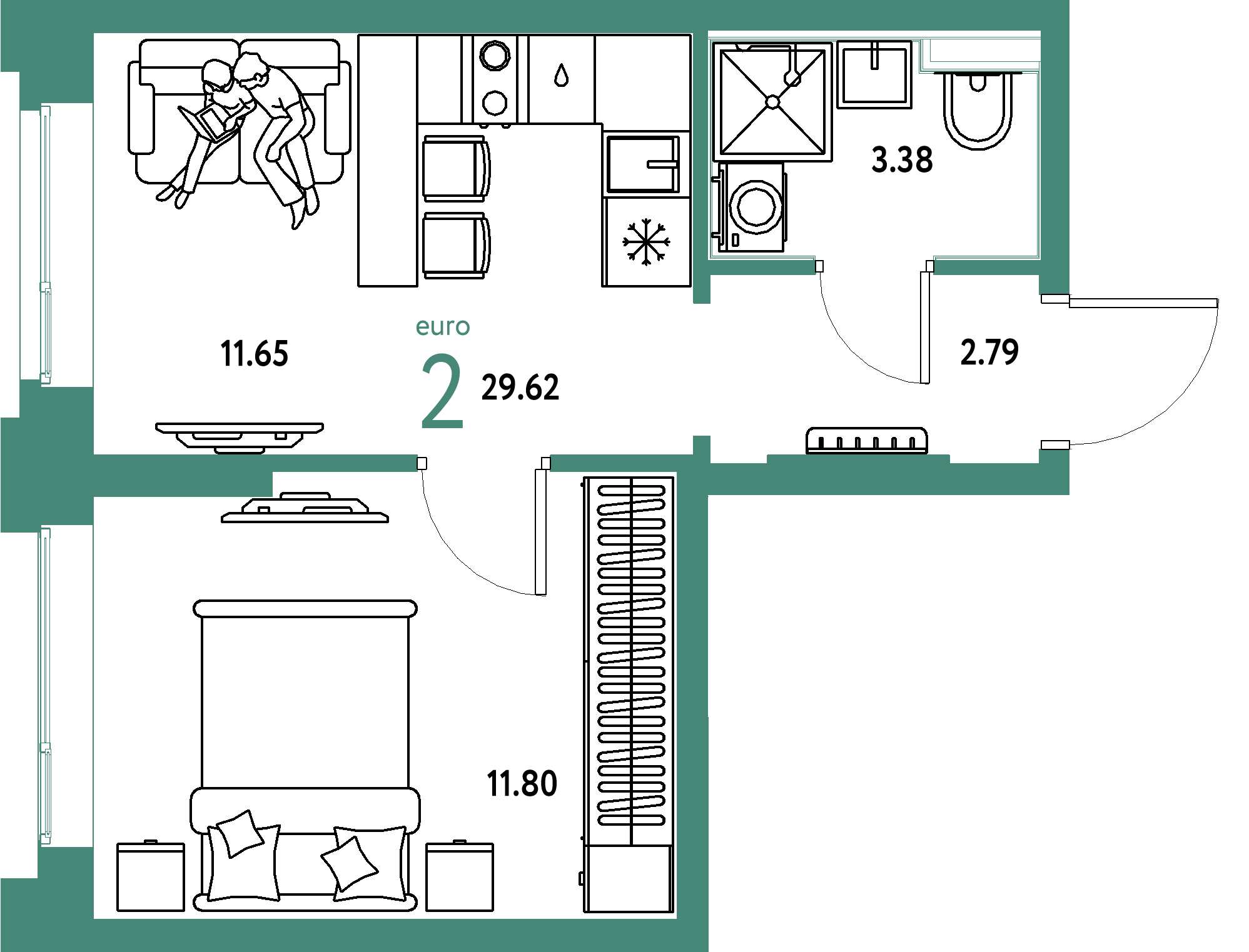 ЖК "Сердце Сибири"-2-комнатная 29.62 м²