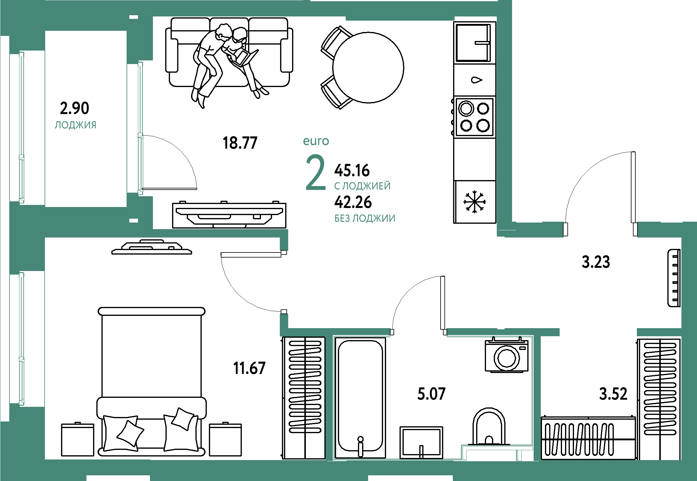 ЖК "Сердце Сибири"-2-комнатная 45.16 м²