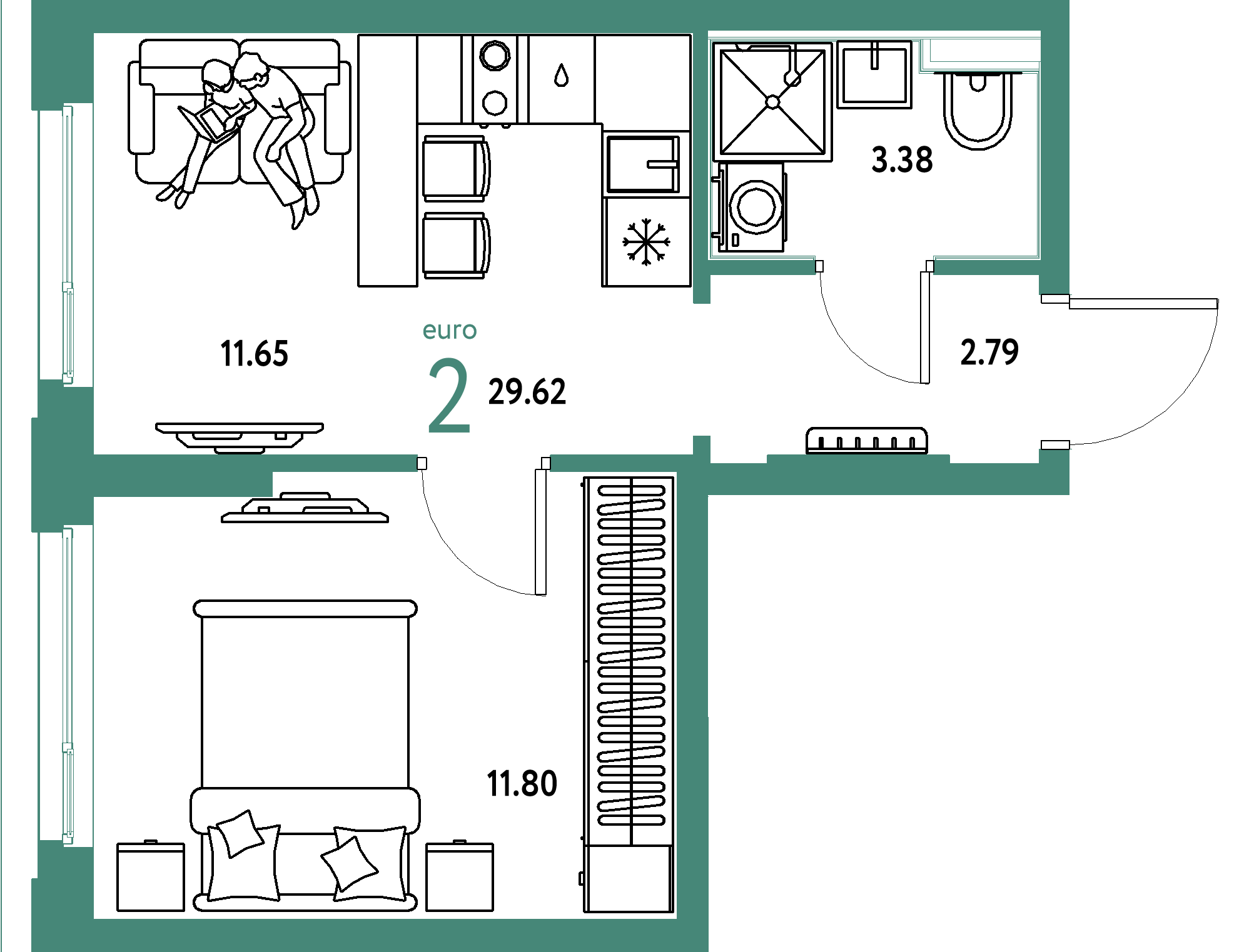 ЖК "Сердце Сибири"-2-комнатная 29.62 м²