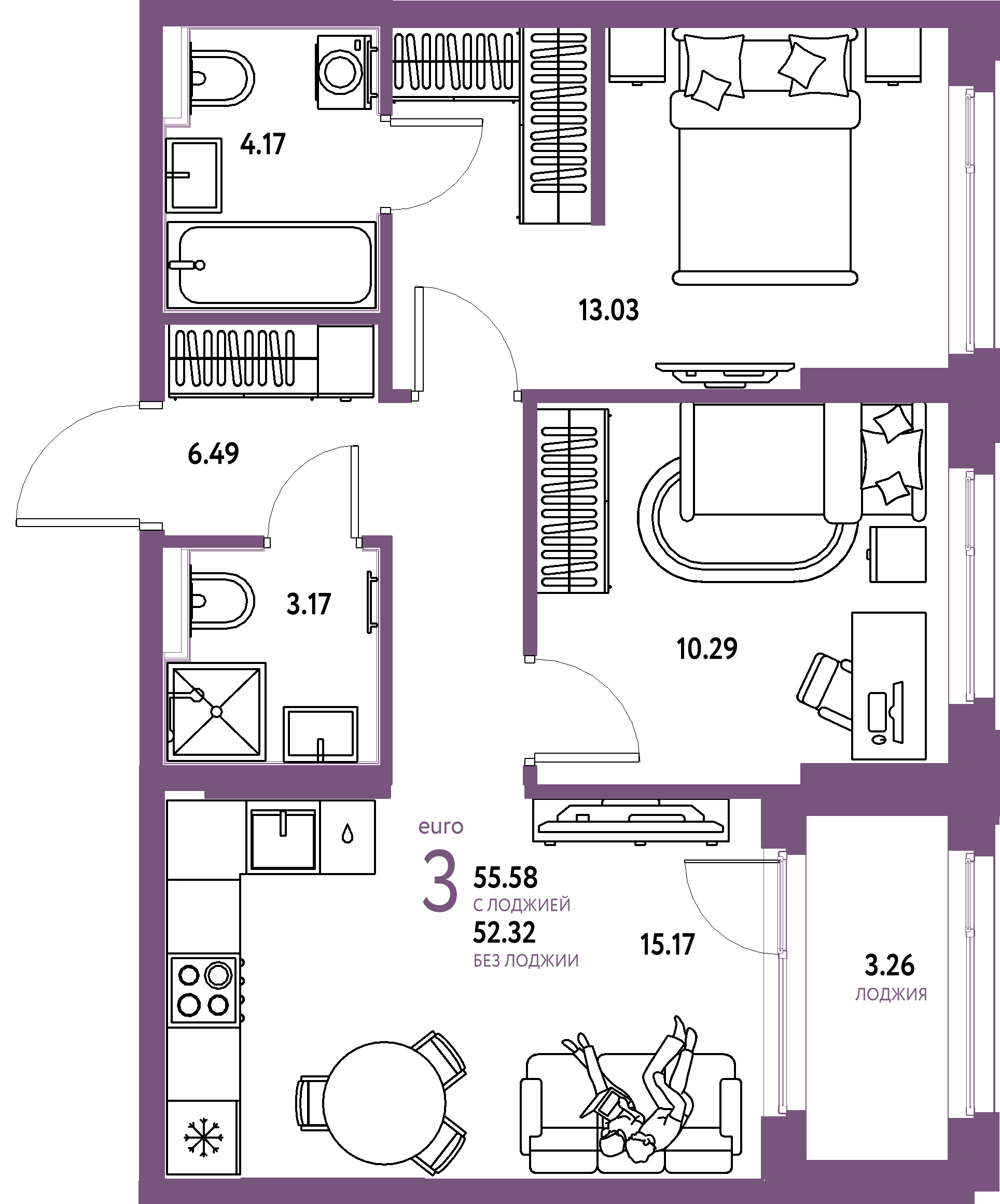 ЖК "Сердце Сибири"-3-комнатная 55.58 м²