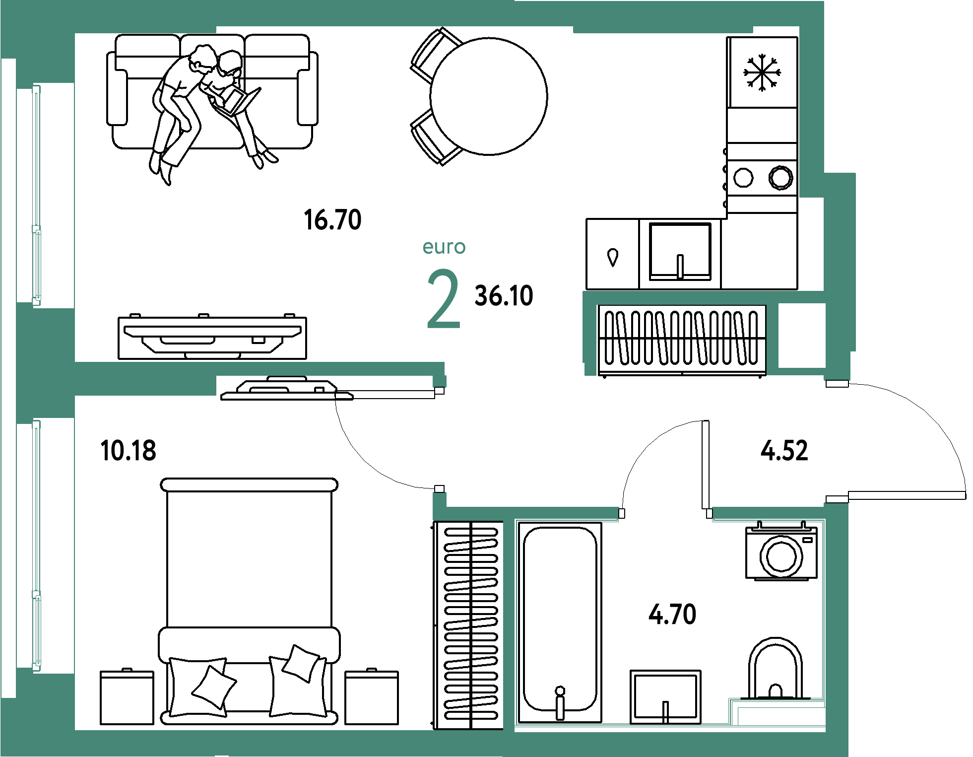 ЖК "Сердце Сибири"-2-комнатная 36.1 м²