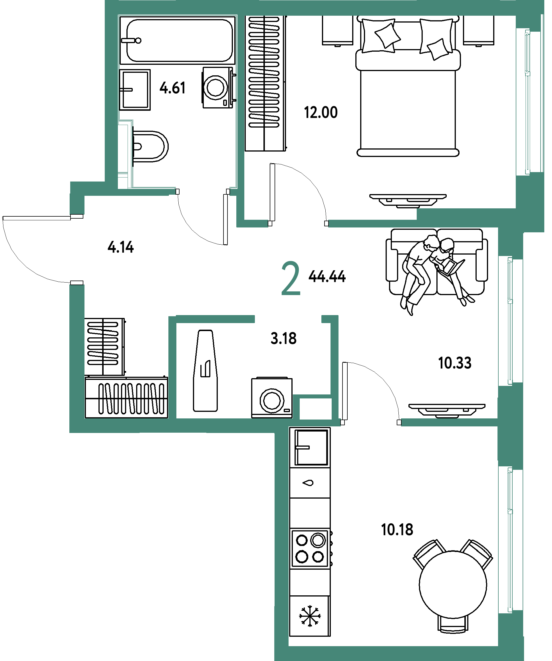 ЖК "Сердце Сибири"-2-комнатная 44.44 м²