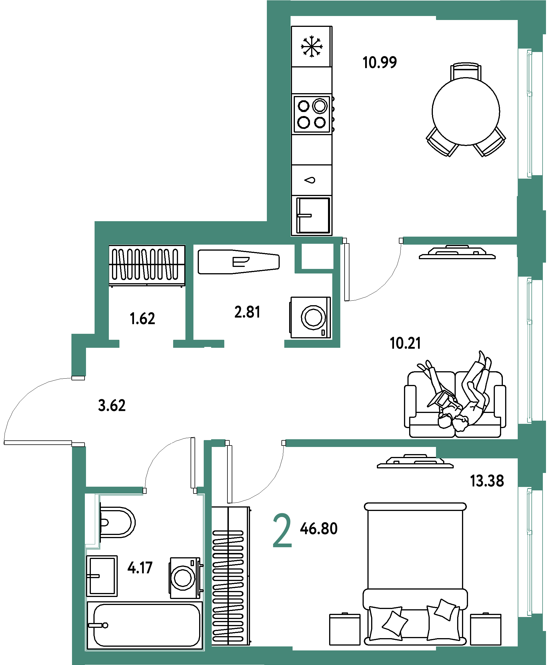 ЖК "Сердце Сибири"-2-комнатная 46.8 м²