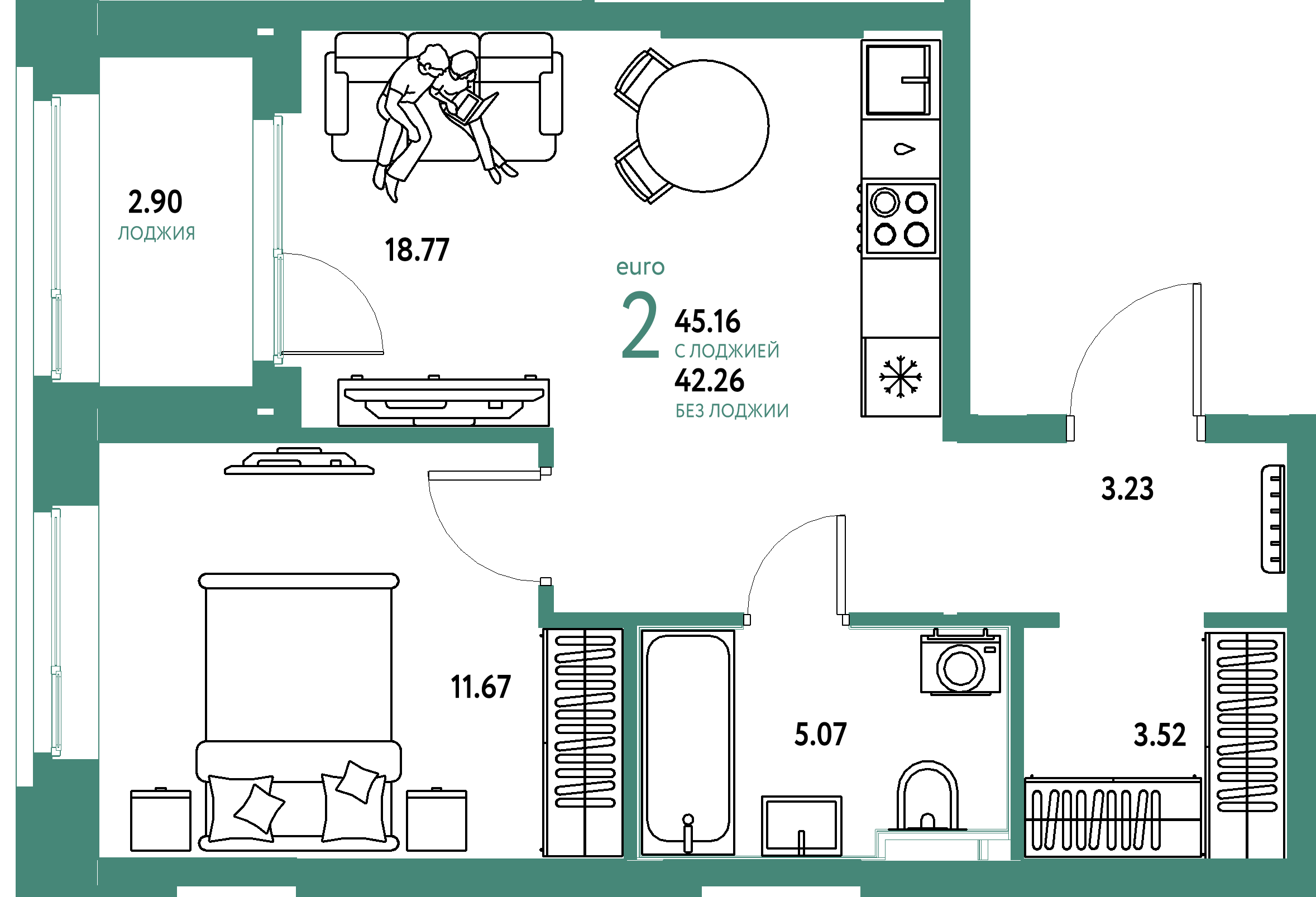 ЖК "Сердце Сибири"-2-комнатная 45.16 м²
