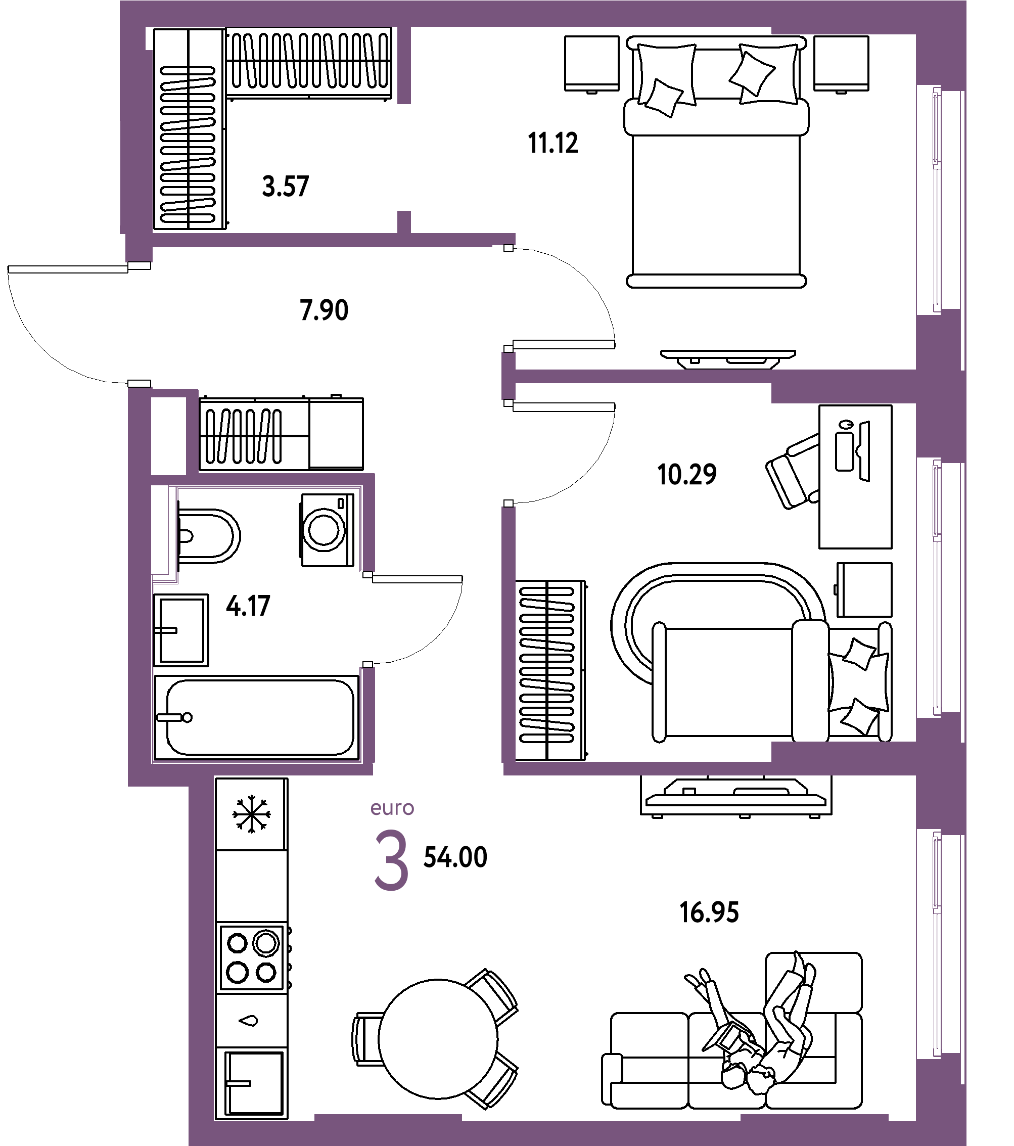 ЖК "Сердце Сибири"-3-комнатная 54 м²
