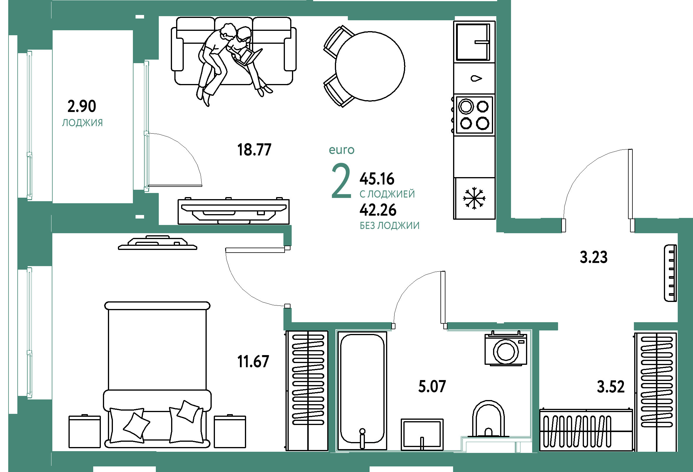 ЖК "Сердце Сибири"-2-комнатная 45.16 м²