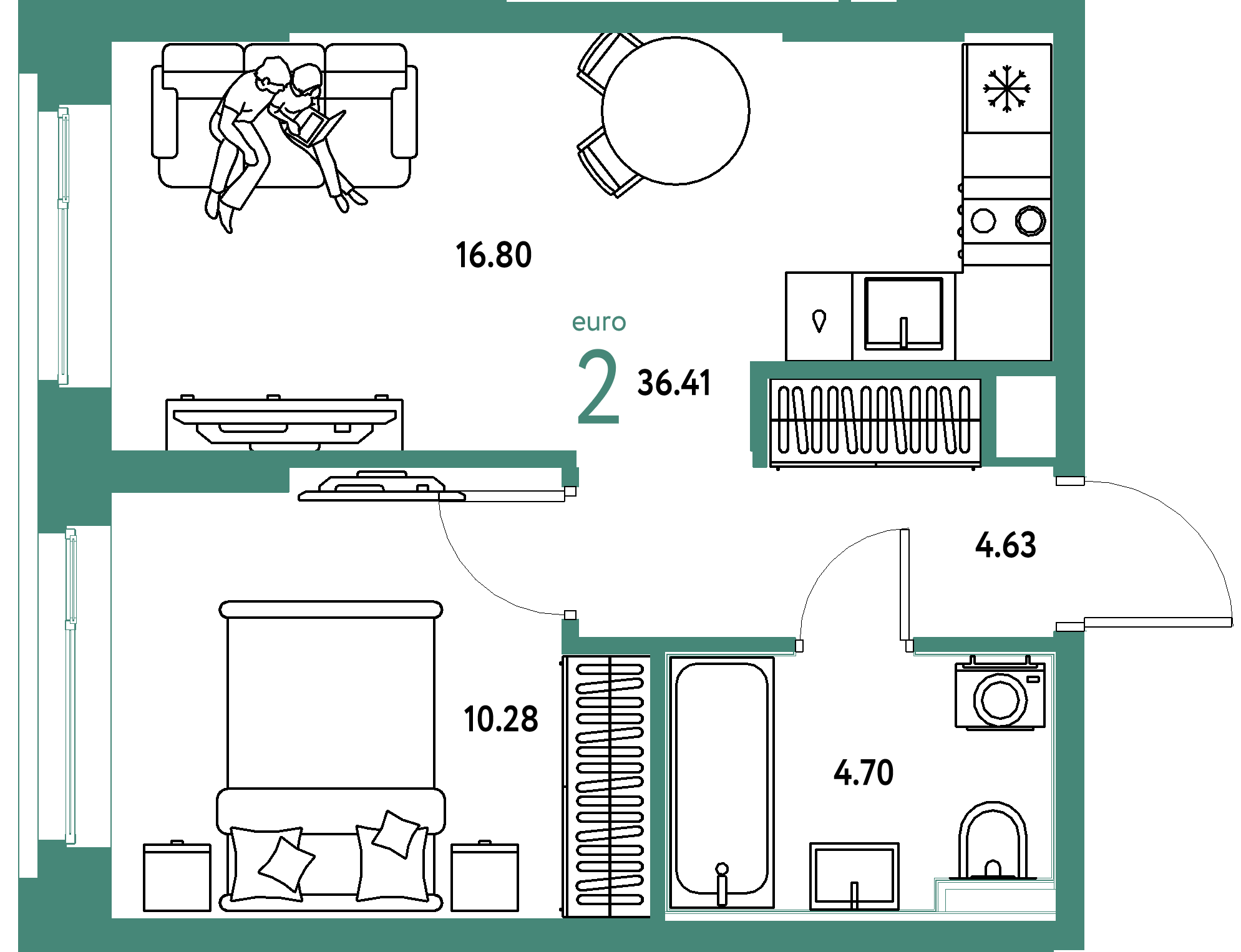 ЖК "Сердце Сибири"-2-комнатная 36.41 м²