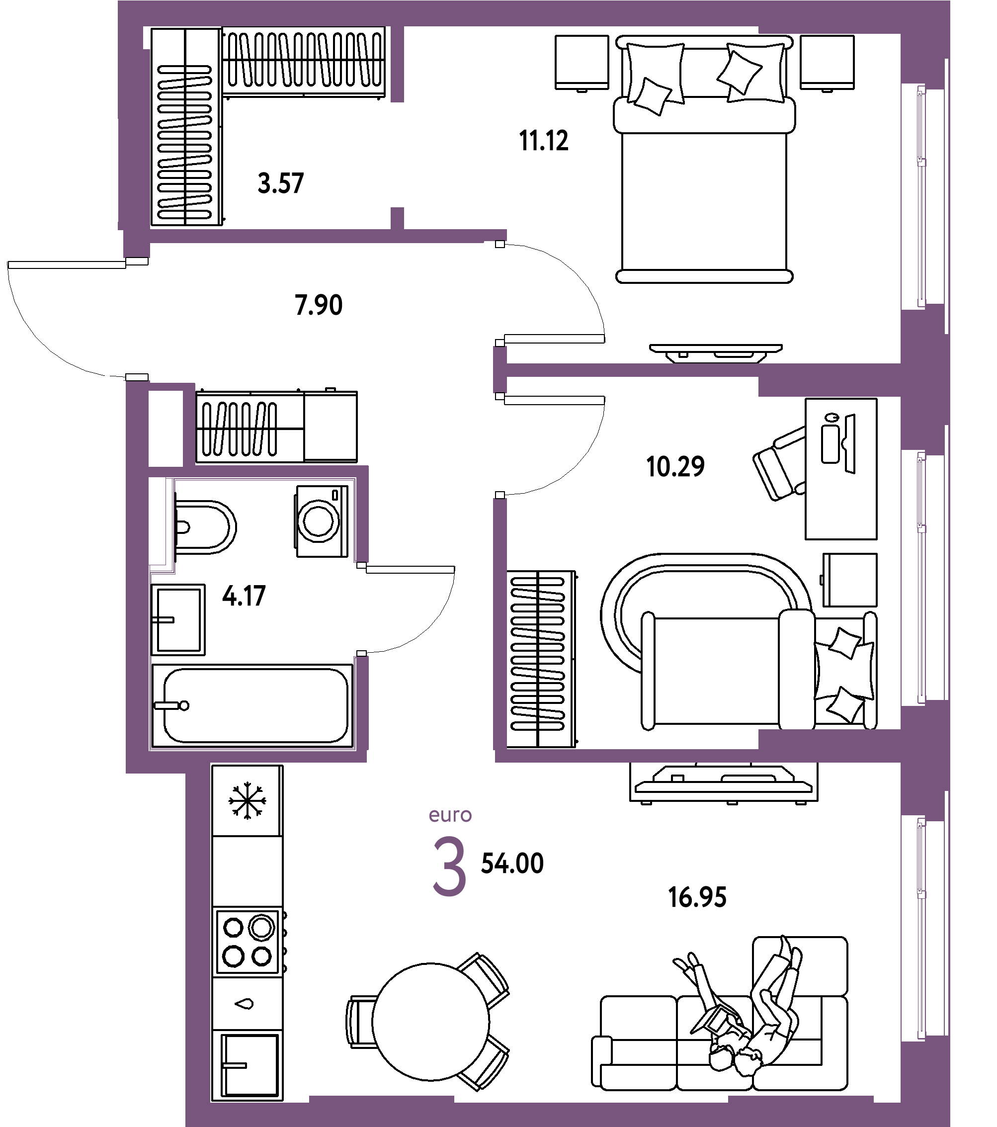 ЖК "Сердце Сибири"-3-комнатная 54 м²
