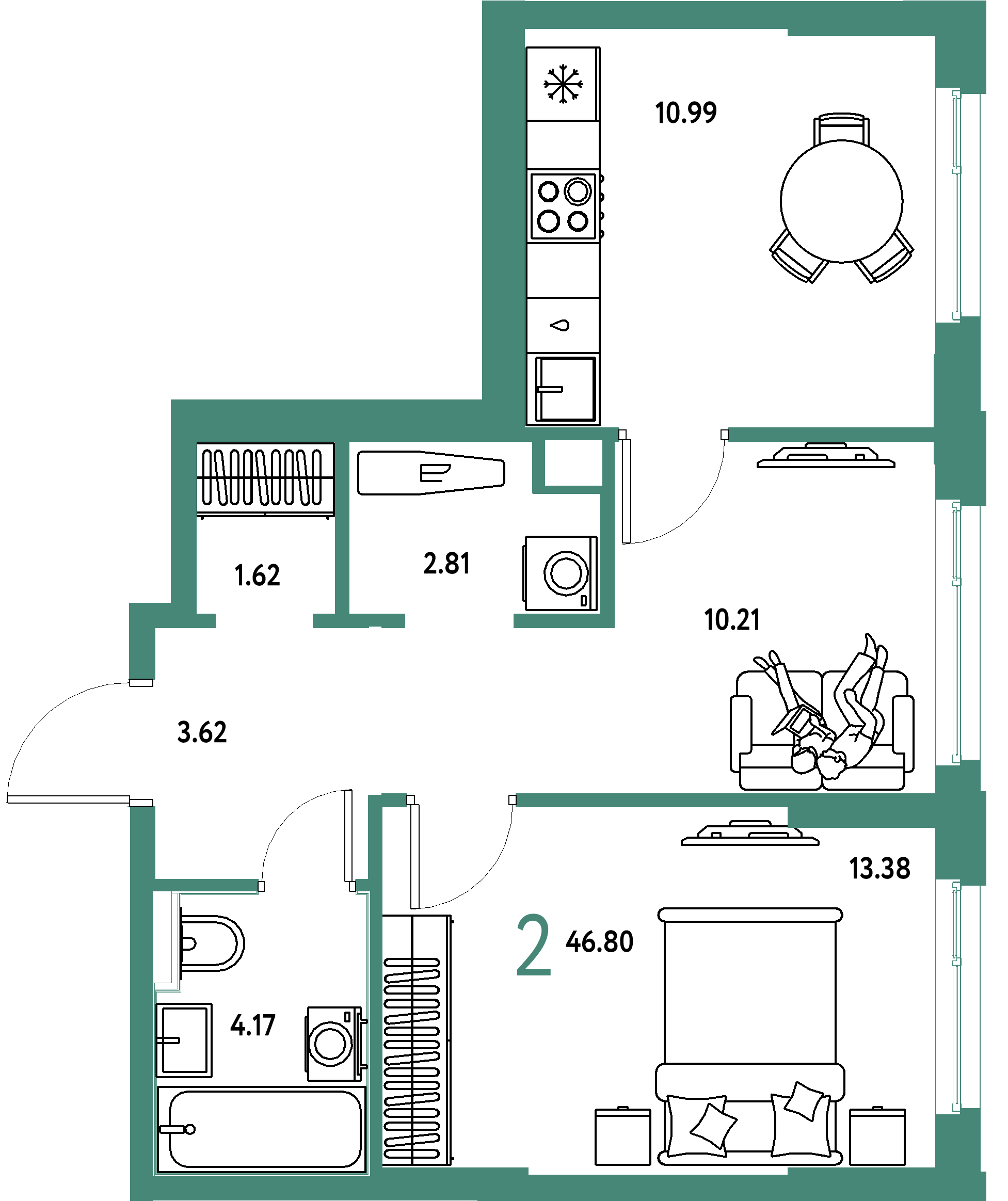 ЖК "Сердце Сибири"-2-комнатная 46.8 м²