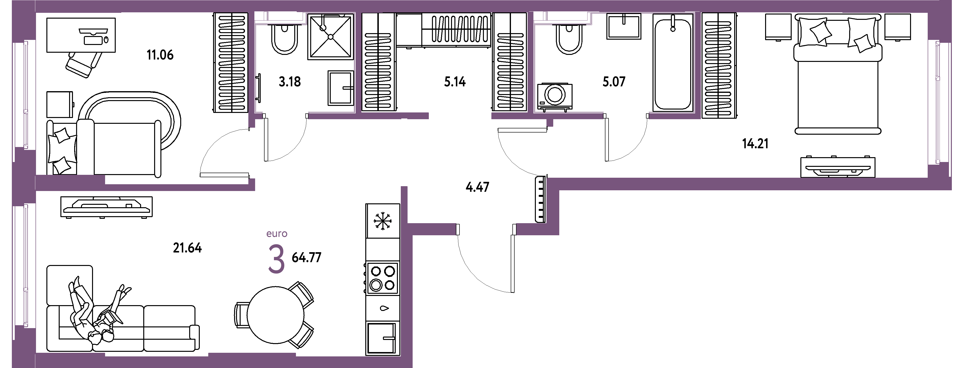 ЖК "Сердце Сибири"-3-комнатная 64.77 м²