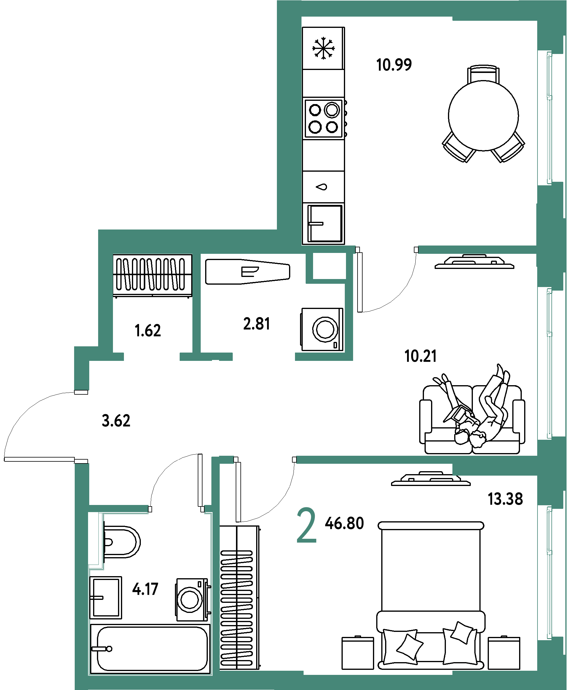 ЖК "Сердце Сибири"-2-комнатная 46.8 м²