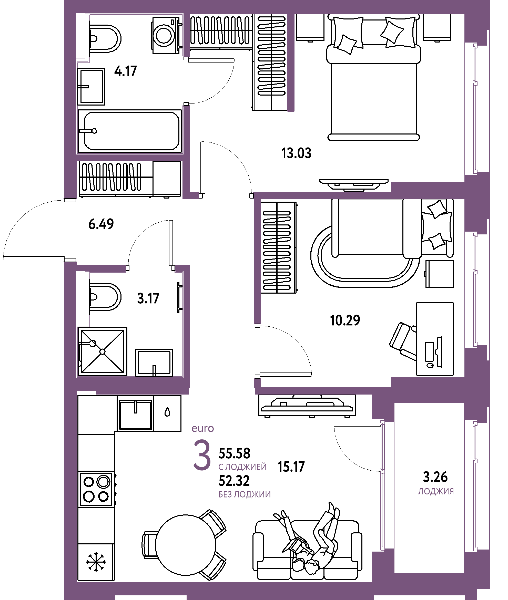 ЖК "Сердце Сибири"-3-комнатная 55.58 м²