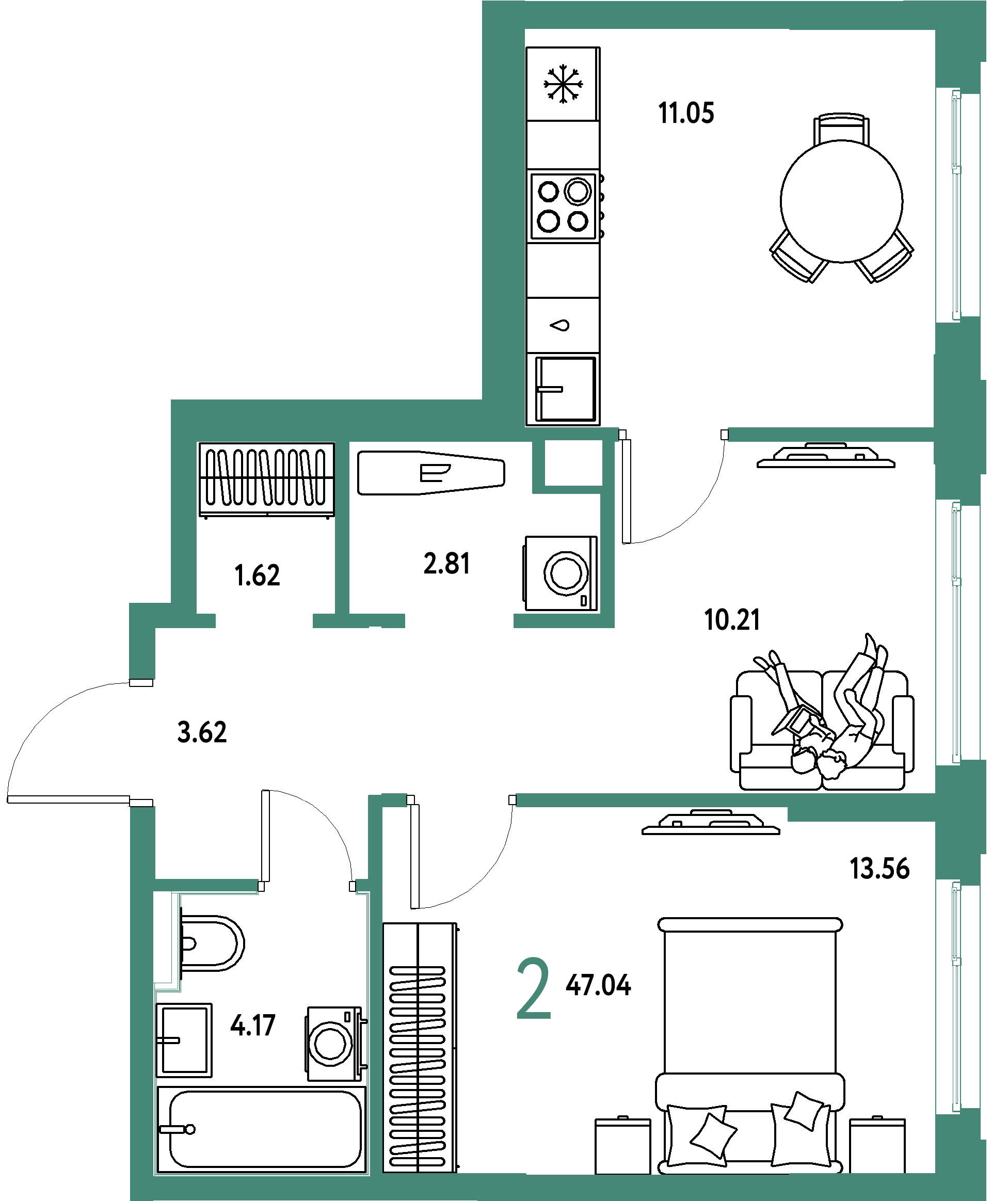 ЖК "Сердце Сибири"-2-комнатная 47.04 м²
