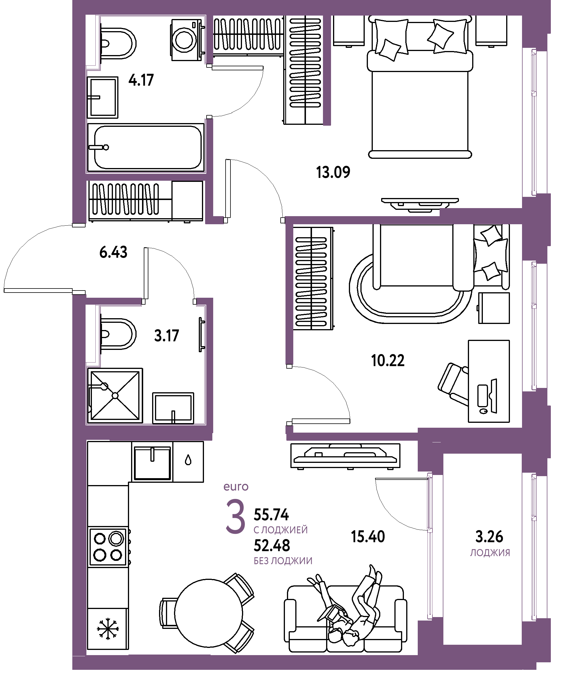ЖК "Сердце Сибири"-3-комнатная 55.74 м²