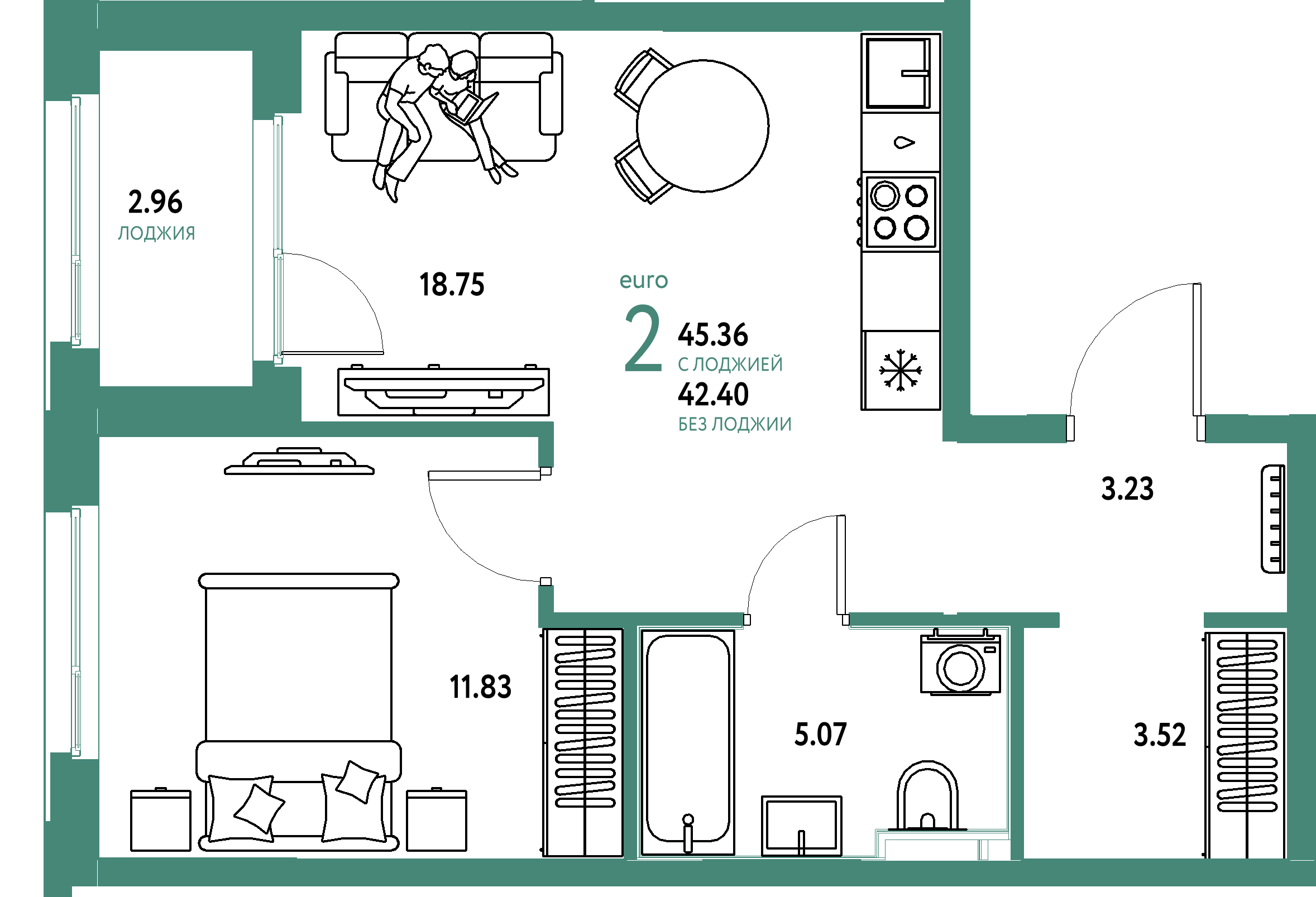ЖК "Сердце Сибири"-2-комнатная 45.36 м²