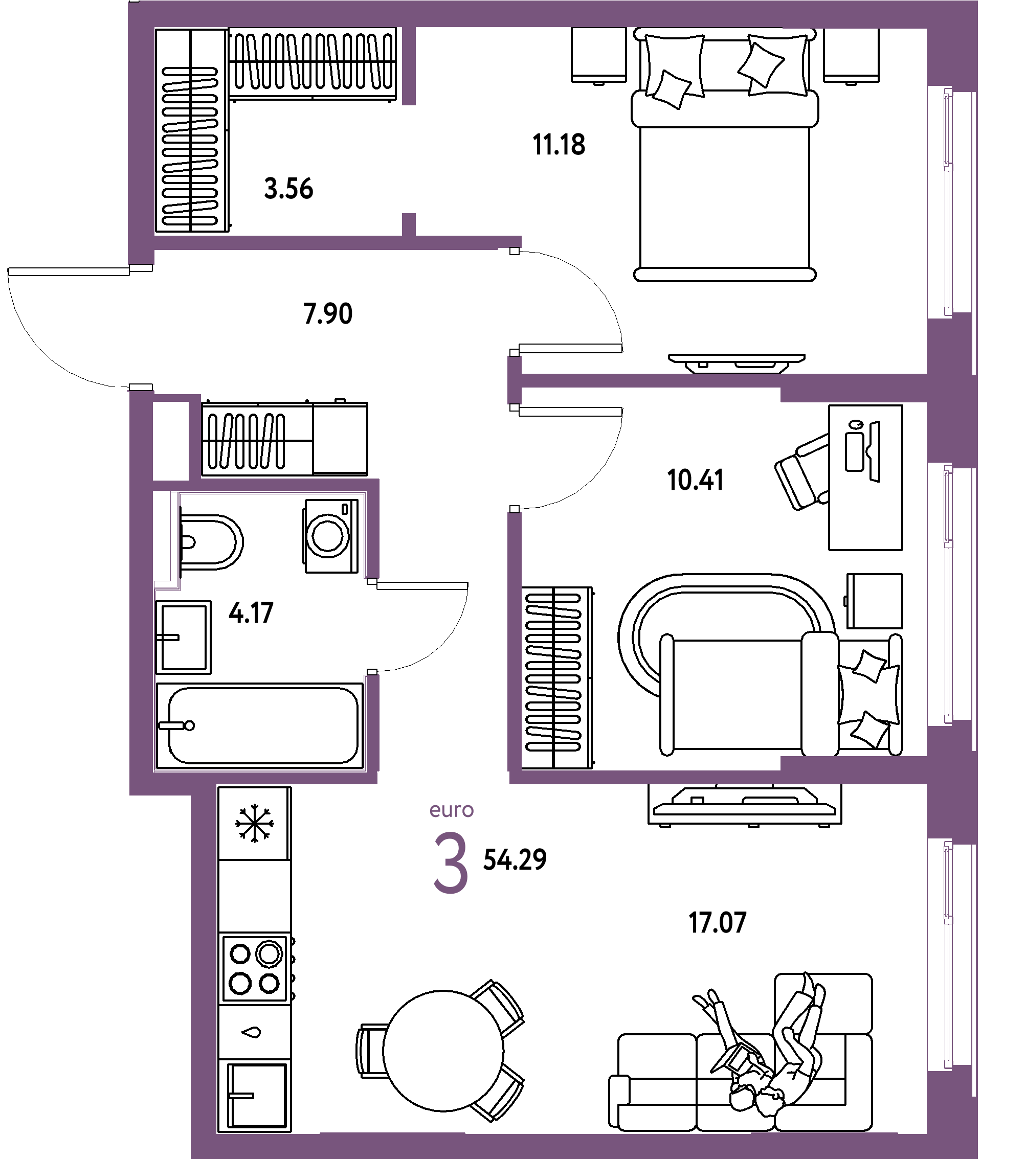 ЖК "Сердце Сибири"-3-комнатная 54.29 м²