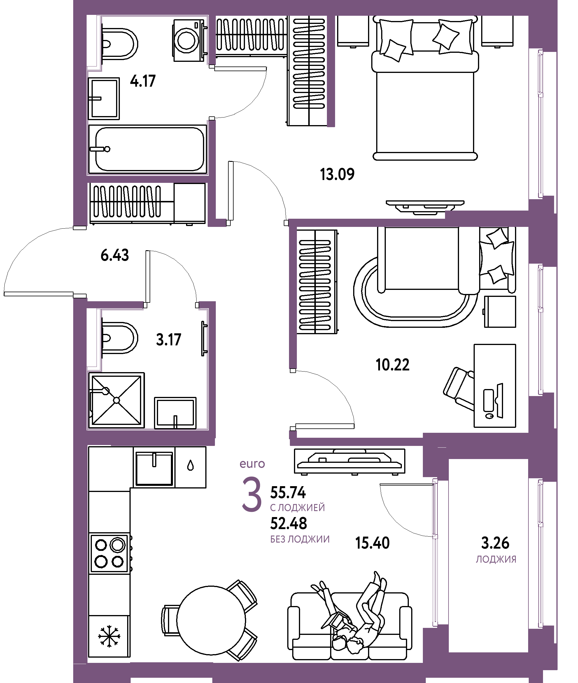 ЖК "Сердце Сибири"-3-комнатная 55.74 м²