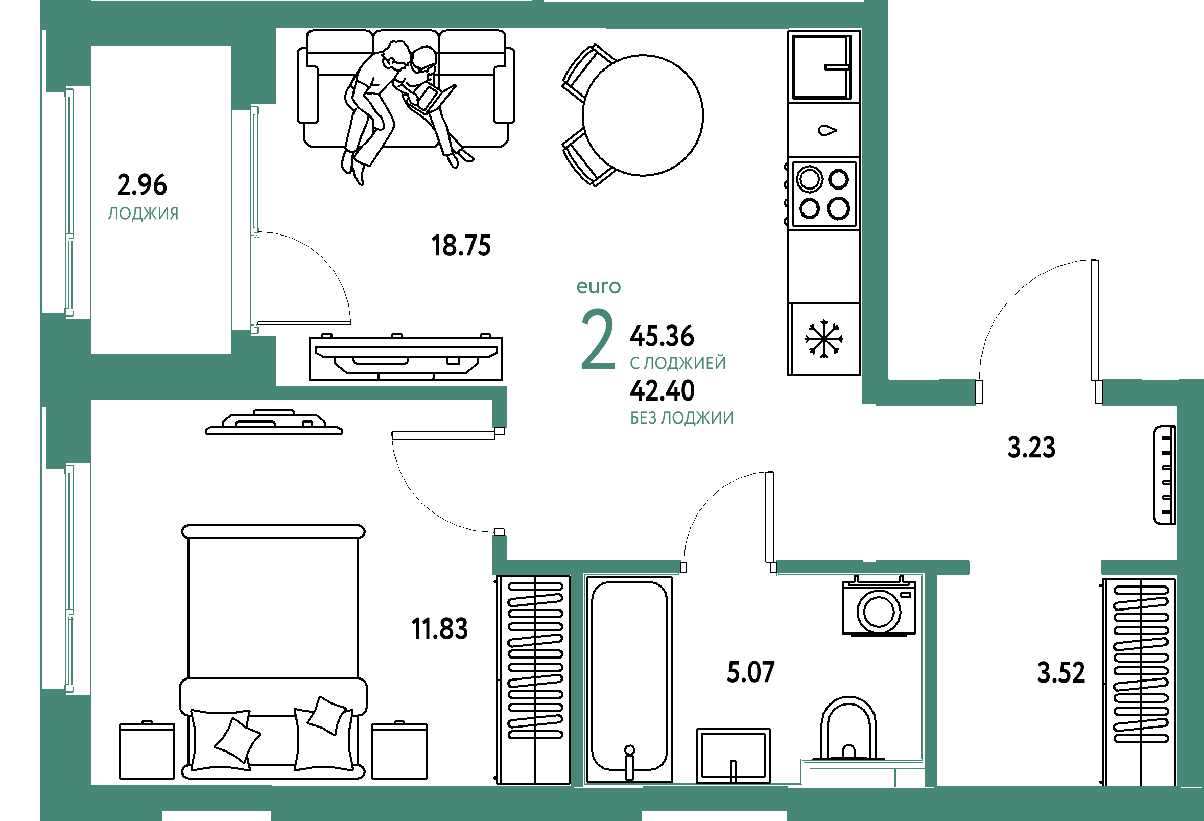 ЖК "Сердце Сибири"-2-комнатная 45.36 м²