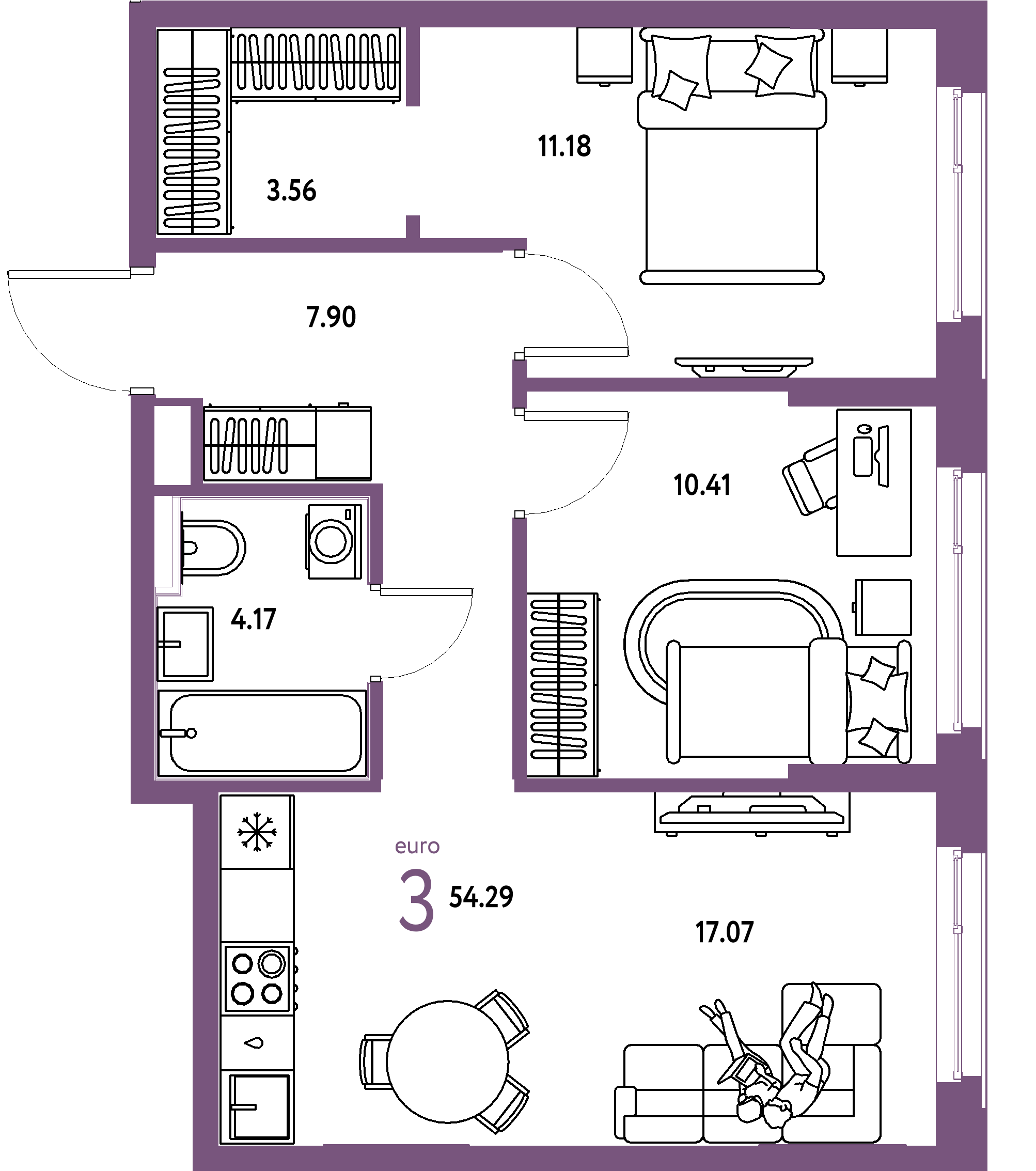 ЖК "Сердце Сибири"-3-комнатная 54.29 м²