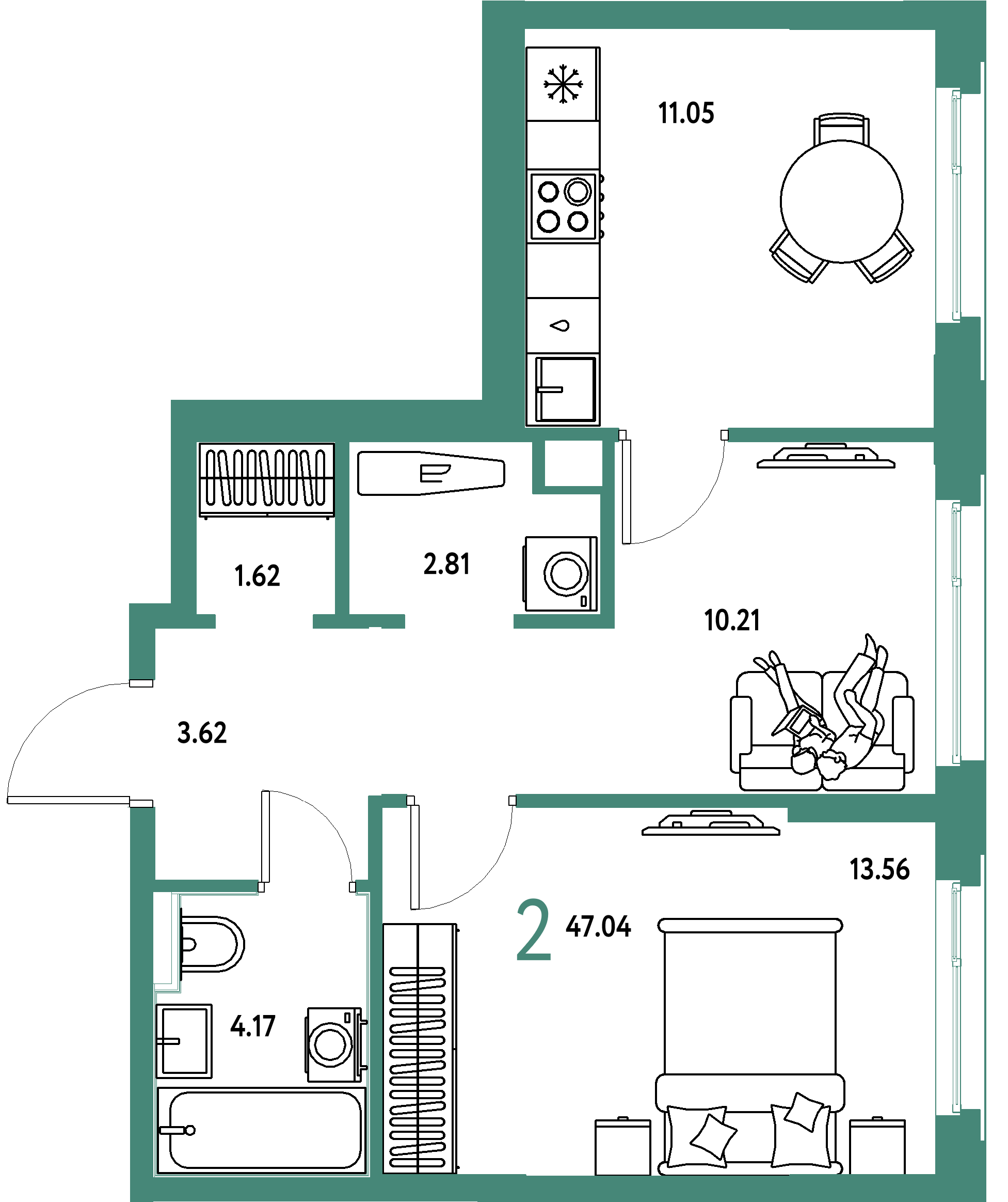 ЖК "Сердце Сибири"-2-комнатная 47.04 м²