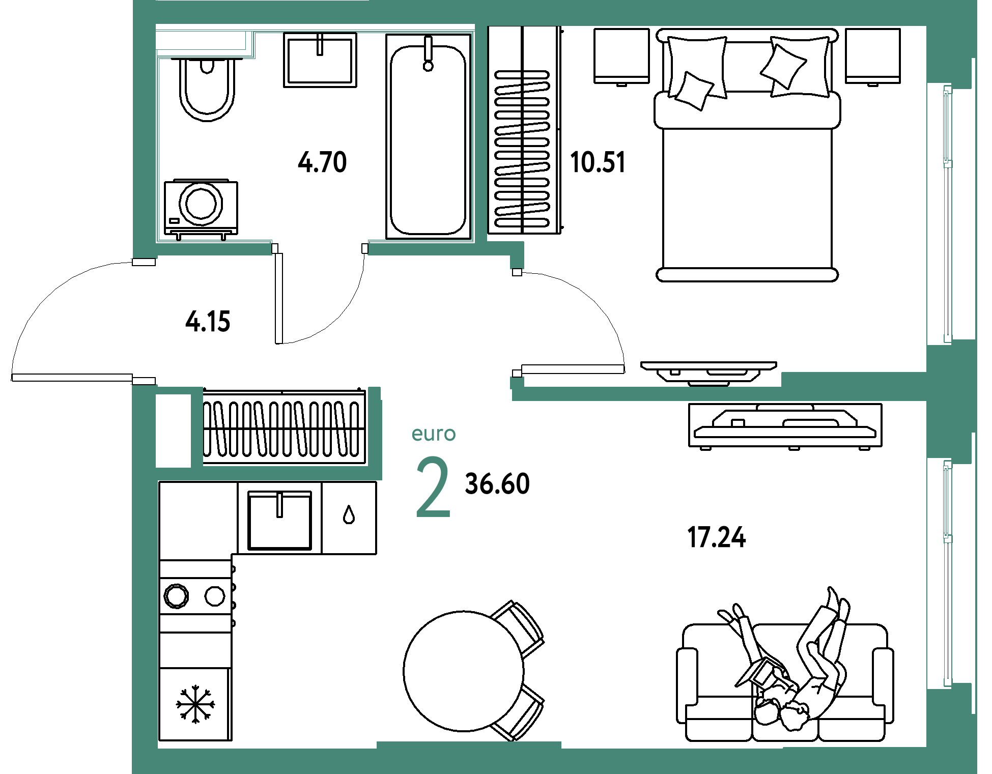 ЖК "Сердце Сибири"-2-комнатная 36.6 м²