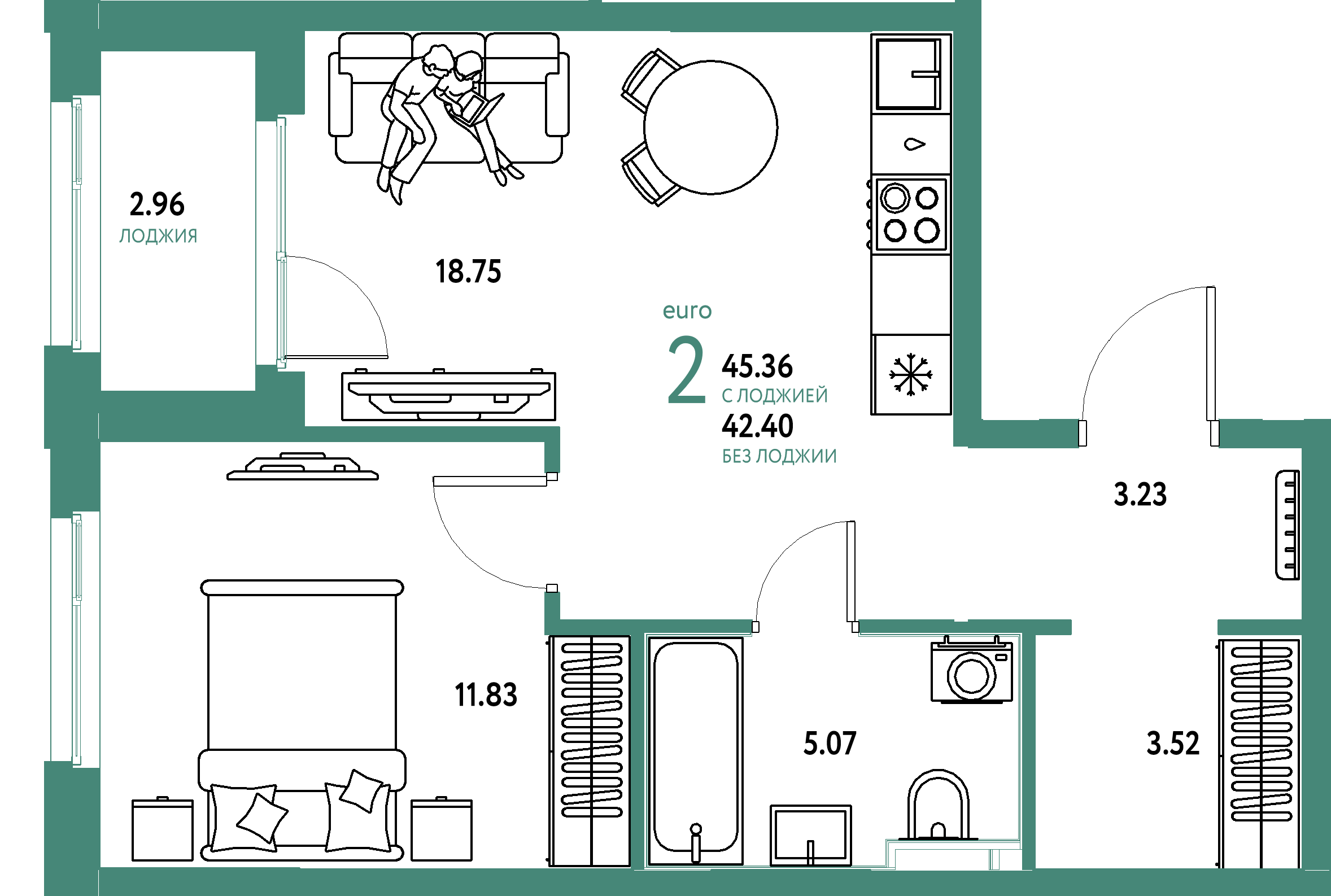 ЖК "Сердце Сибири"-2-комнатная 45.36 м²