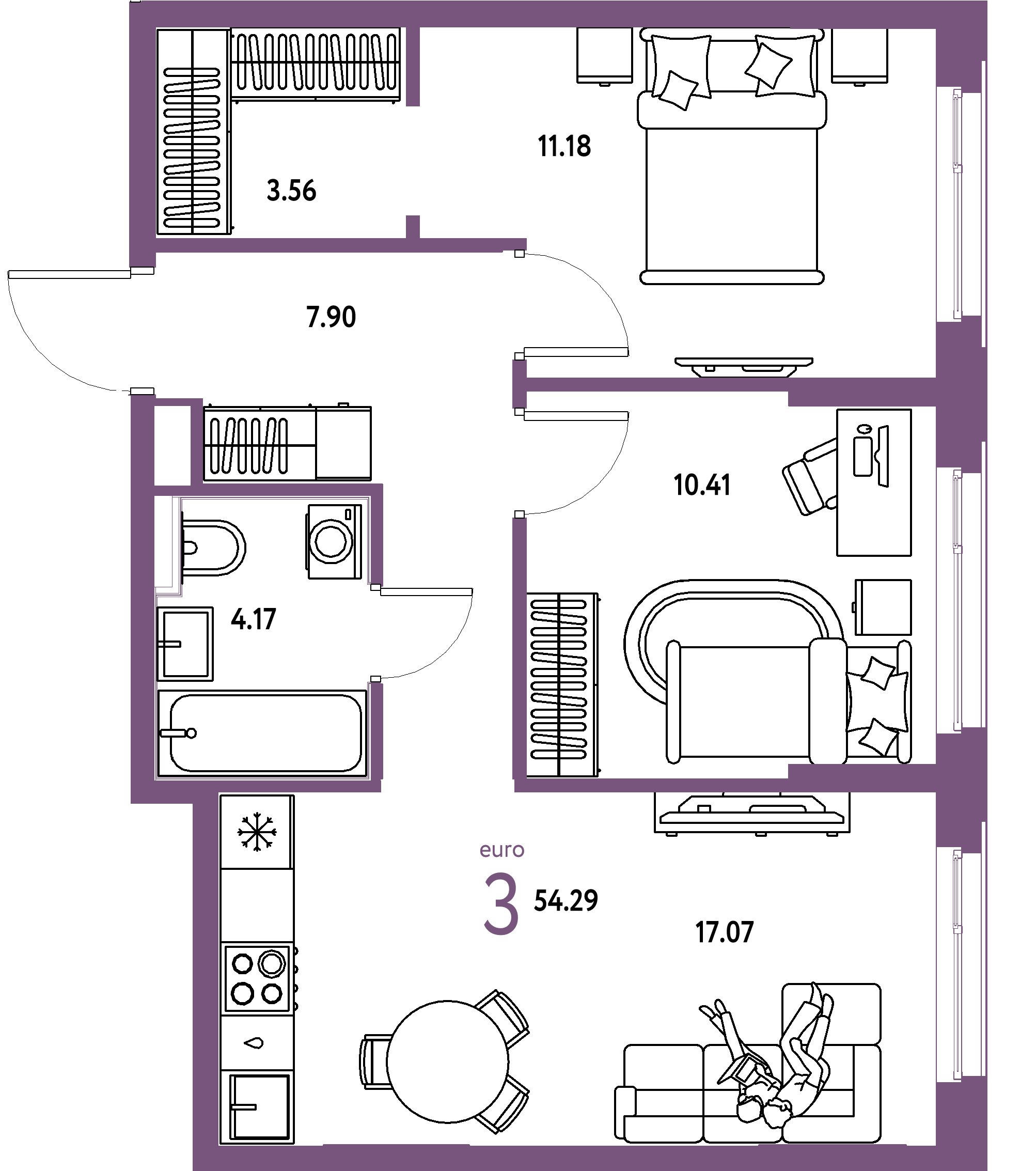 ЖК "Сердце Сибири"-3-комнатная 54.29 м²
