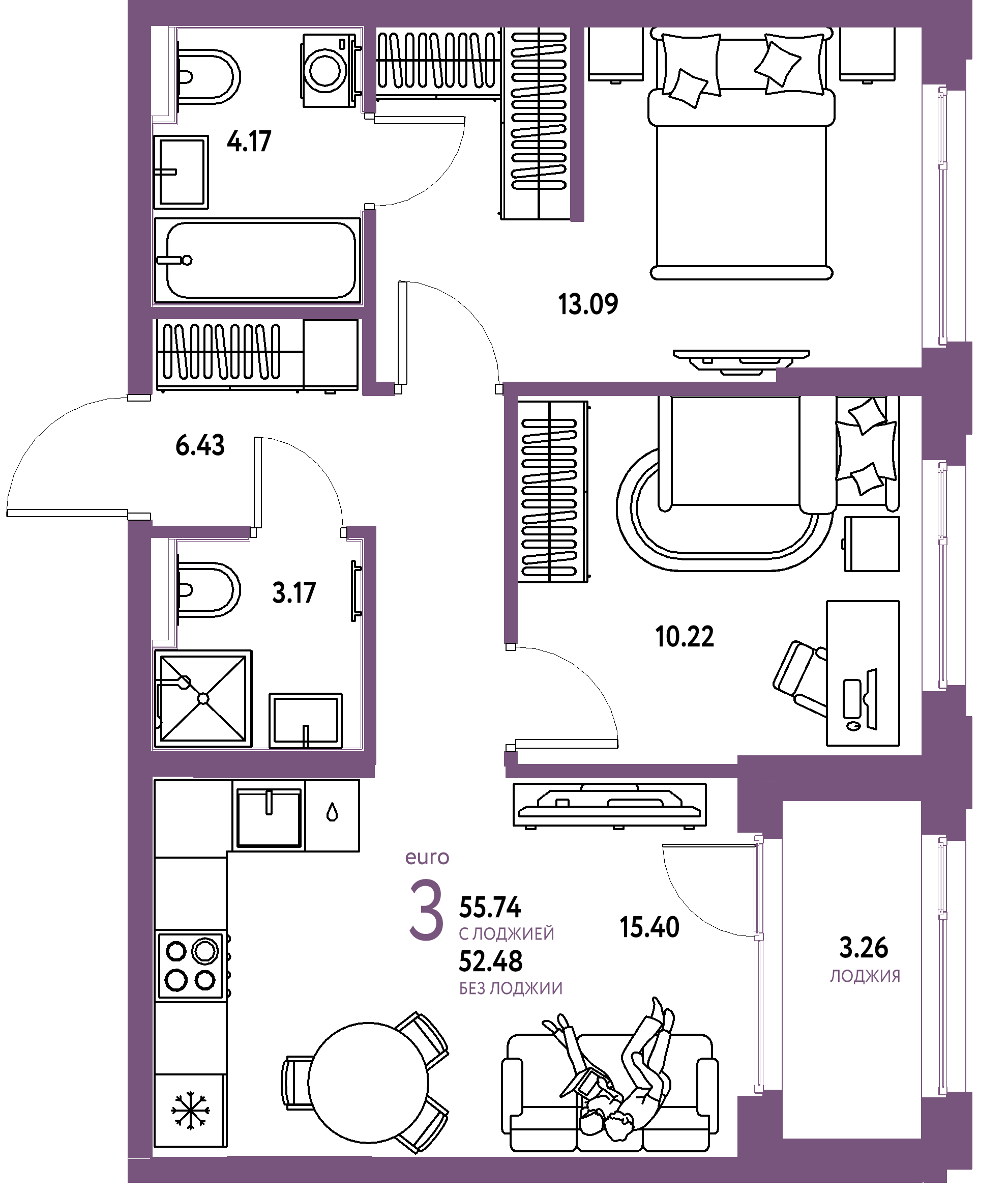 ЖК "Сердце Сибири"-3-комнатная 55.74 м²