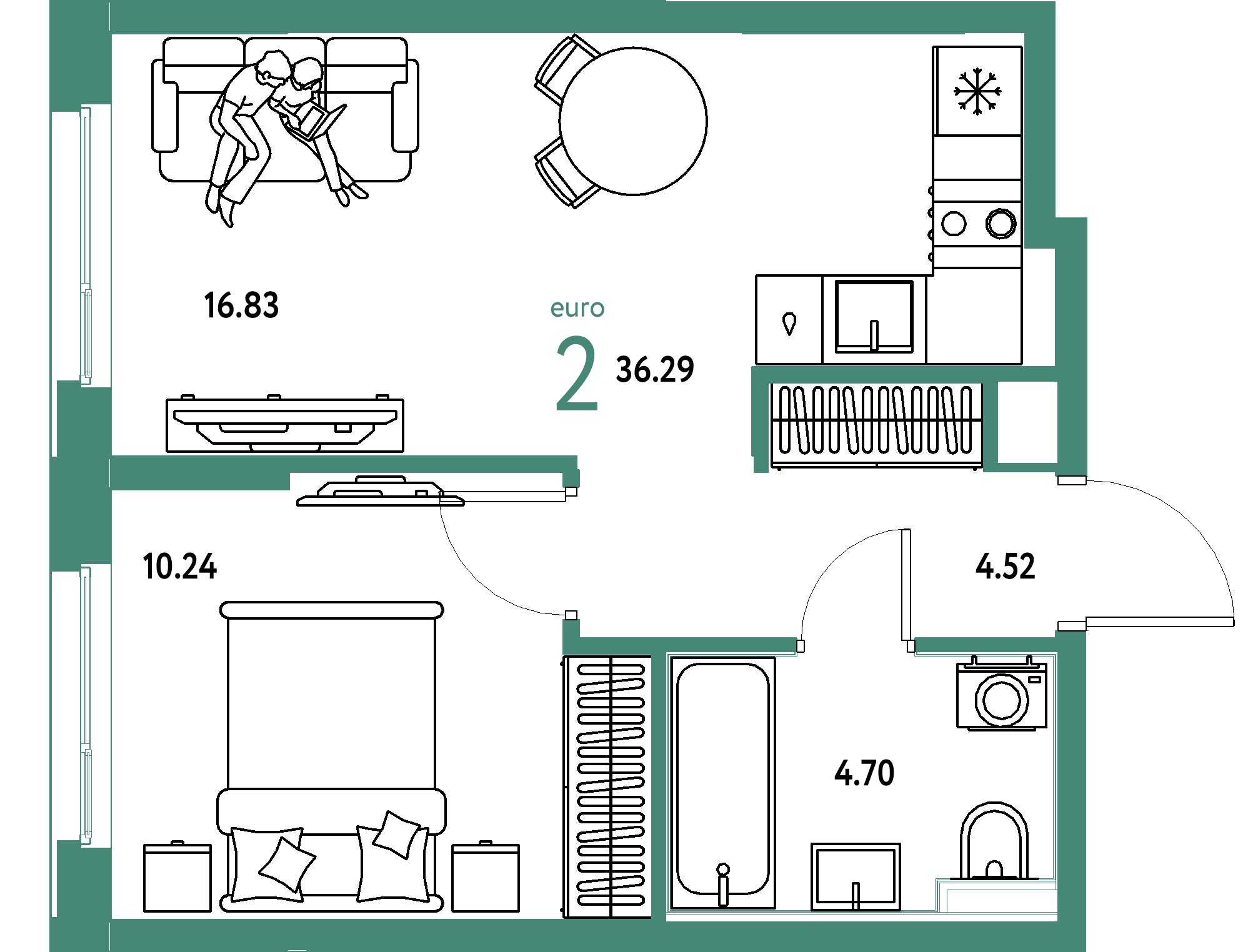 ЖК "Сердце Сибири"-2-комнатная 36.29 м²