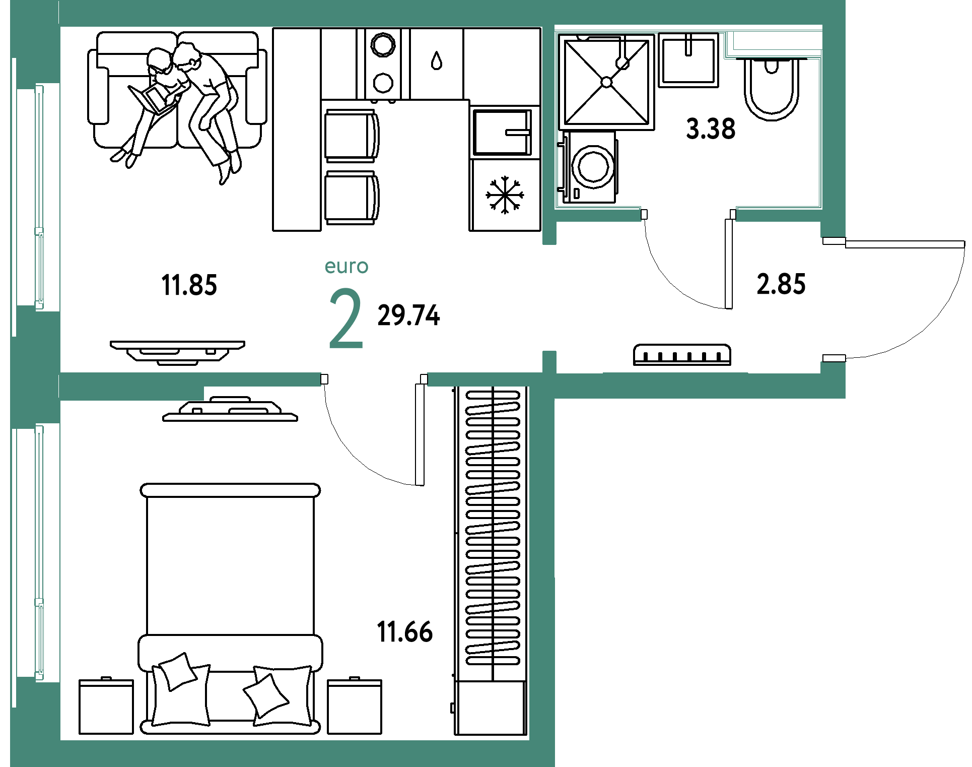 ЖК "Сердце Сибири"-2-комнатная 29.74 м²