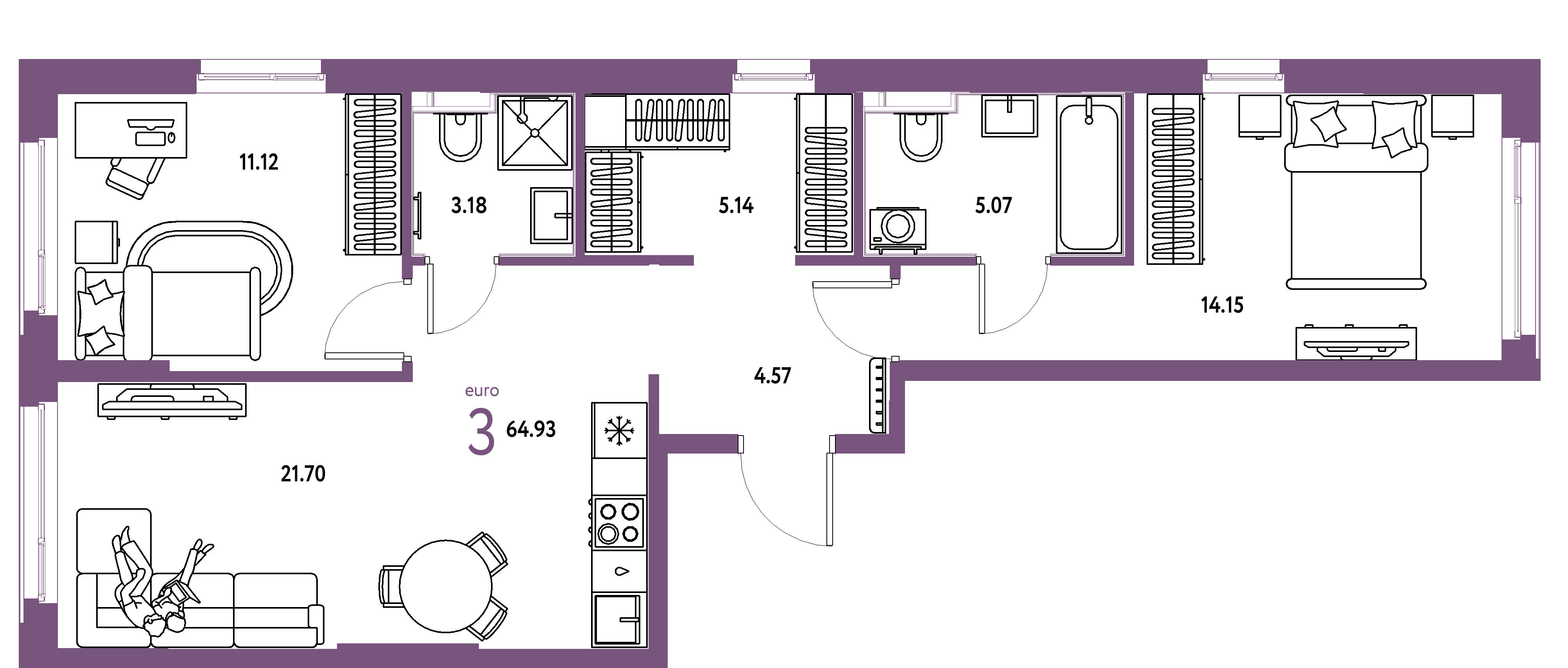 ЖК "Сердце Сибири"-3-комнатная 64.93 м²